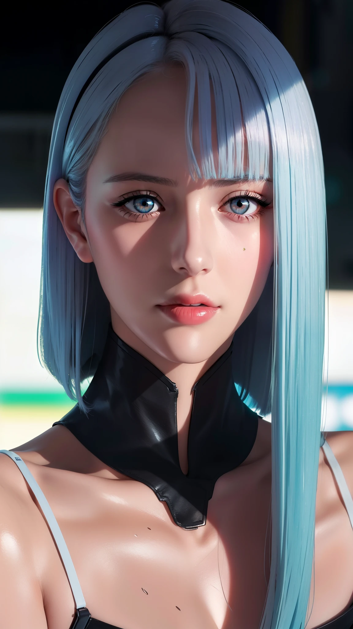 Simple cyberpunk Background,
jacket,black outfit,
bangs, blue eyes, blunt bangs,white hair ,Red eyes,
1 girl, 20yo,Young female,Beautiful Finger,Beautiful long legs,Beautiful body,Beautiful Nose,Beautiful character design, perfect eyes, perfect face,expressive eyes,perfect balance,
looking at viewer,(Focus on her face),closed mouth, (innocent_big_eyes:1.0),Light_Smile,
official art,extremely detailed CG unity 8k wallpaper, perfect lighting,Colorful, Bright_Front_face_Lighting,shiny skin, 
(masterpiece:1.0),(best_quality:1.0), ultra high res,4K,ultra-detailed,
photography, 8K, HDR, highres, absurdres:1.2, Kodak portra 400, film grain, blurry background, bokeh:1.2, lens flare, (vibrant_color:1.2),professional photograph, 
, (beautiful_face:1.5),(narrow_waist),