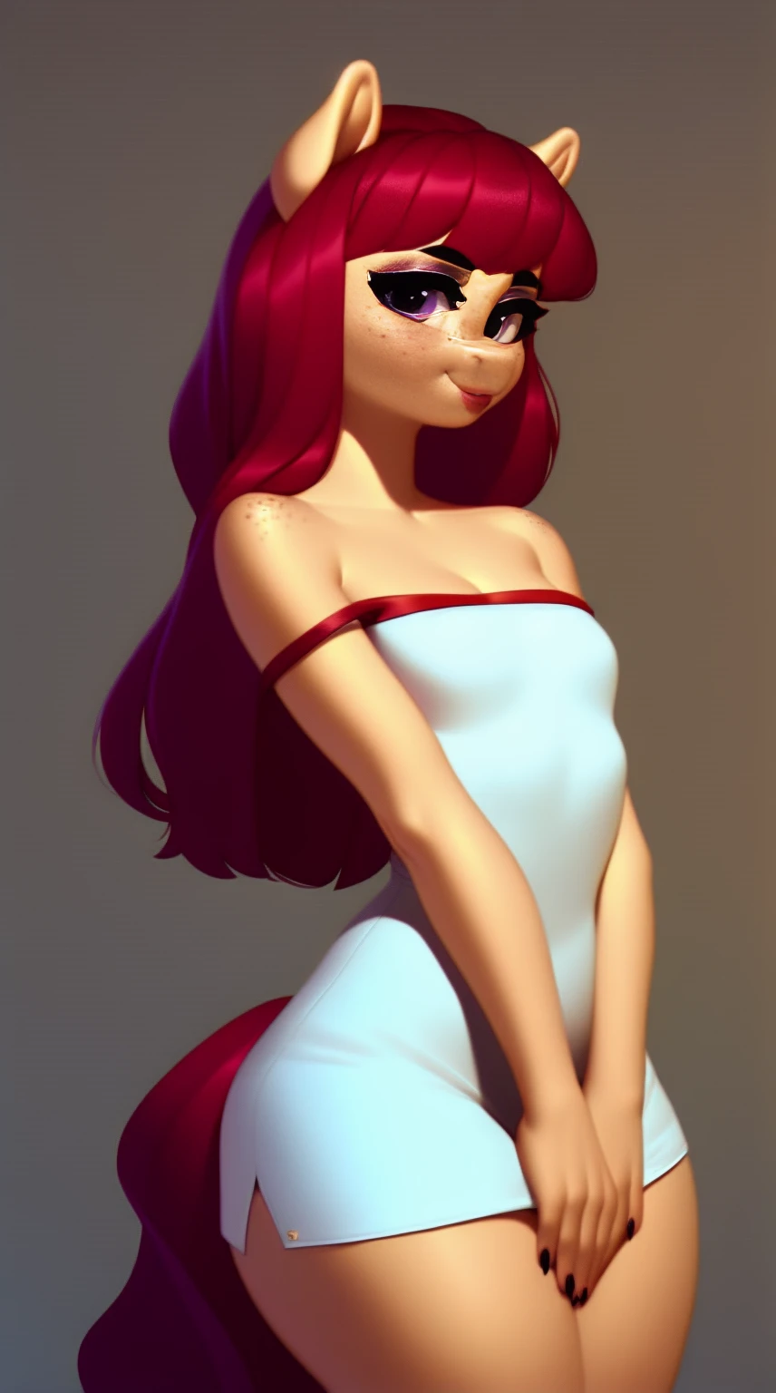 (score_9), (source_ derpibooru_p_95), (earth pony), ((anthro oc pony:1.1)), (shoulderless short sun dress), shy, blushing, solo, realistic long hair, bangs, anatomically correct, flat chest, curvy figure, high res, pink bottom lip, extremely detailed, ten, filly, absolutely stunning, freckles, voluptuous body, makeup,