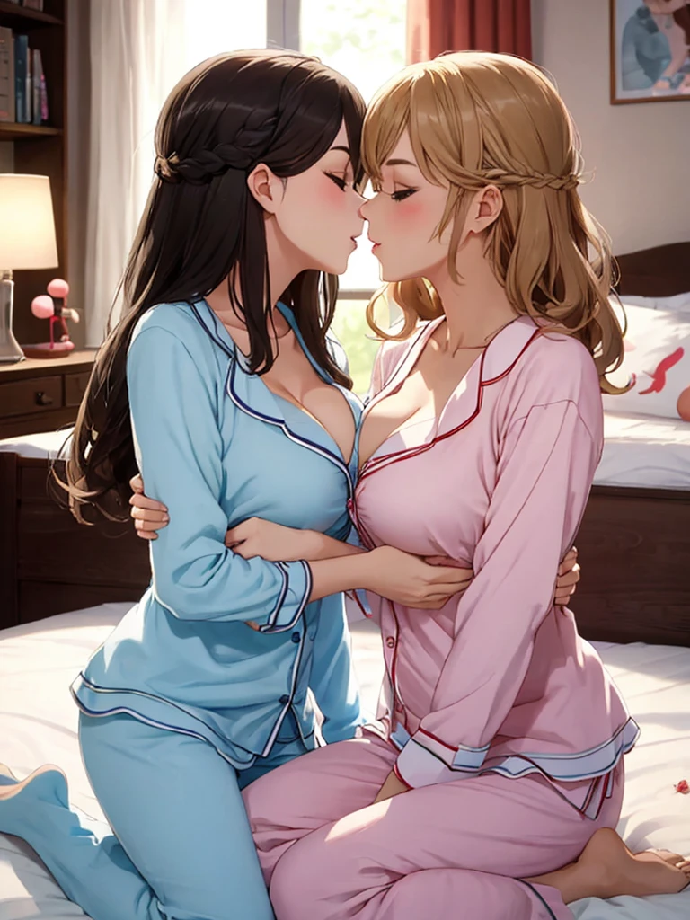 highest quality,  High resolution,  detailed background、Beautiful ******* girl、(two women),(kiss)、sexual expression、cute hairstyle、cute hair color、perfect body、huge breasts、emphasize cleavage、At a pajama party with friends, you can enjoy cute items such as fluffy pajamas and cute bedding.。chatting and games、Let&#39;s enjoy sweets and show off your feminine cuteness。