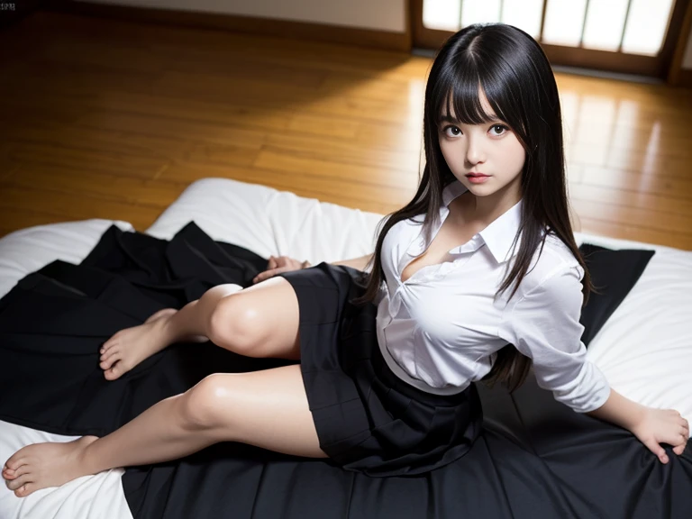 (A superb exquisite yukinoshitaYukino),(yukinoshitaYukino:1.5), (oregairuUniform:1.5), brown eyes, black hair, natural straight hair, straight bangs, solo, nature, extremely delicate, straight facial features, peerless beautiful girl, soft, (sensual face), ((ecchi face)), dreamy quality, exaggerated facial features, solid color, frank holly, delicate face, bright lips, slender waist, soft curves, real light and shadow, super fine, 4k, natural moving, Ultra high resolution, (masterpiece:1.2, best quality), (finely detailed beautiful eyes: 1.2), (beautiful detailed face), sexy semi-nude model, sexy pose, Ultra high definition white bra and panties, erect nipples,Medium chest, slender body, (bedroom), 