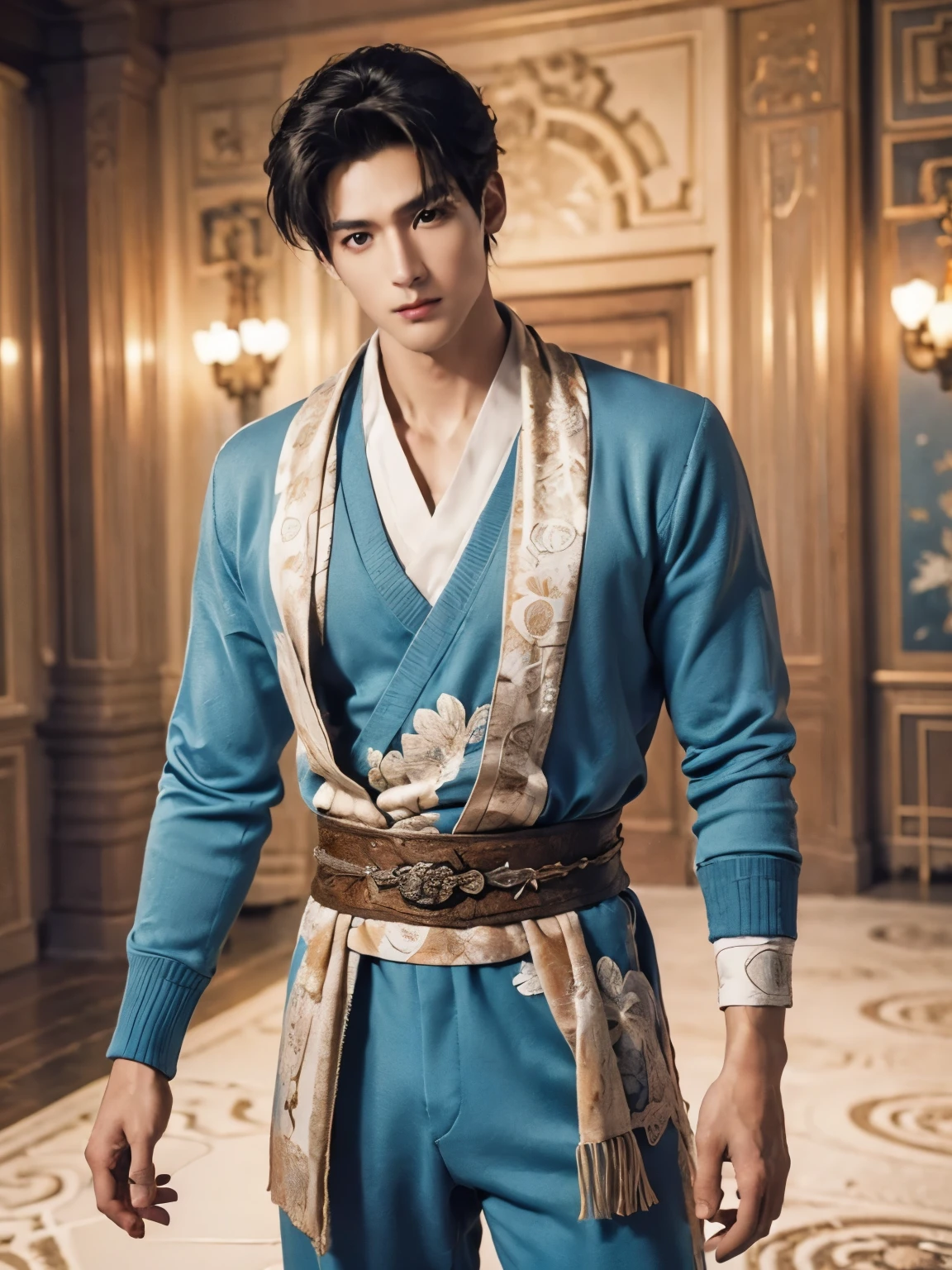  (male character design），（Messy white flying long hair：1.2）, （Affectionate Chinese handsome man Lan Ling looks directly at the camera：1.0），（Pan An’s outfits for modern and fashionable men&#39;s blue sweater suit pants：1.37），Pan An’s skin is fair and flawless，The bridge of his nose is high and straight，(long,Messy shawl hair：1.1），（double eyelids, Bright Eyes, Big clear and bright eyes），sad prince，Food with red lips and white teeth，gentle melancholy，Pan An is tall and tall.，He has a strong physique，Toned muscles，Fresh and toned abs, His exquisite facial features，Kingly style， （Main color blue：0.8）