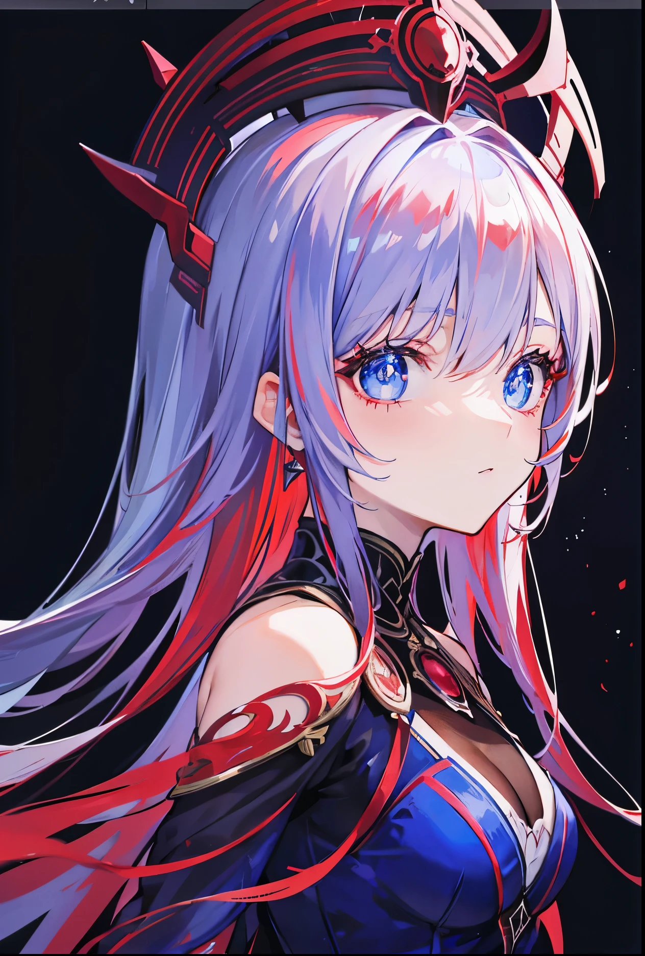 Blue pupils,Dark red and white gown,Long crimson hair,Extremely stunning,glow,super beautifulgirl