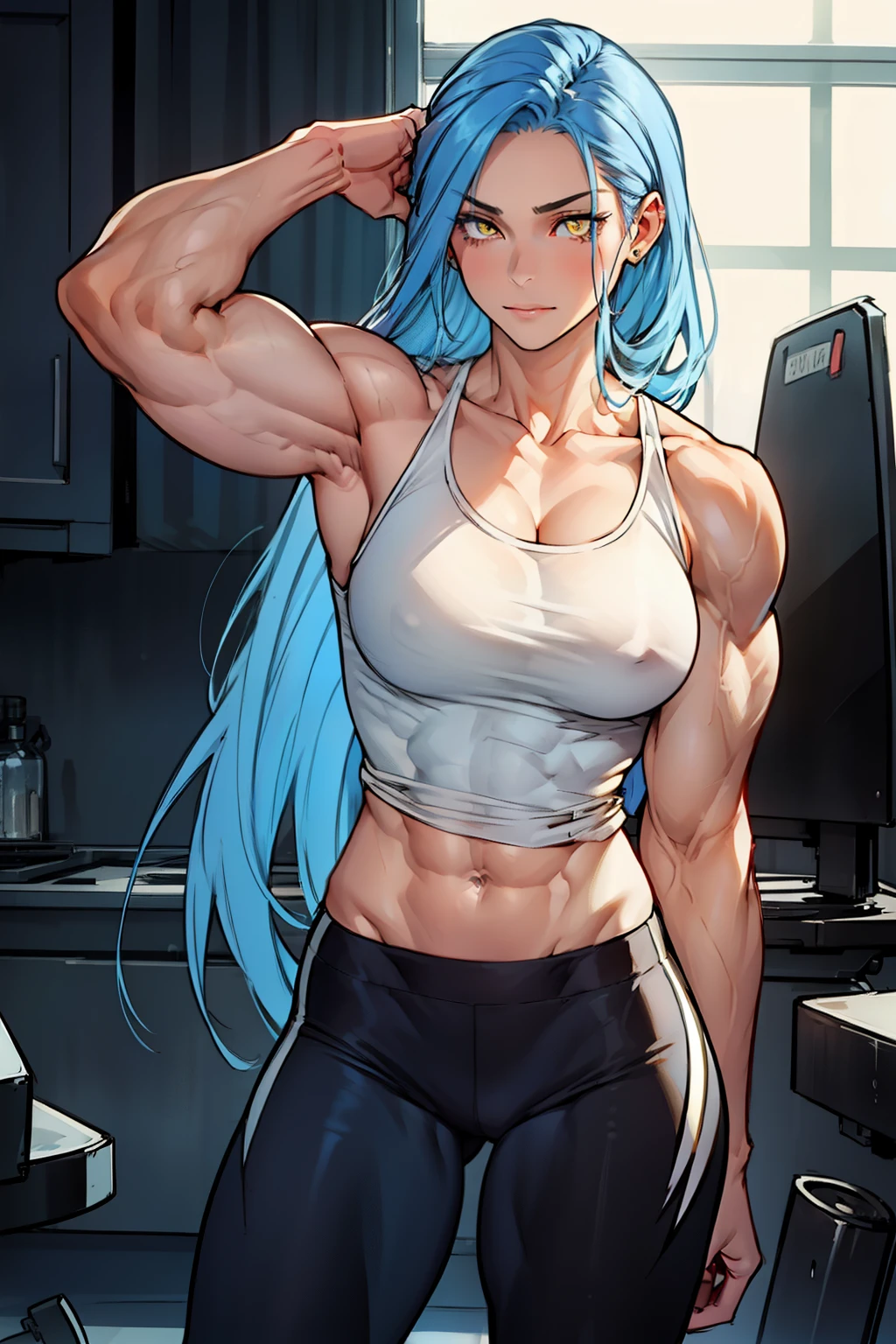 (((((((1 girl))))))), blue hair, yellow eyes, very long hair, ((((((muscular)))))), tall, pale skin, ((seductive expression)), tank top, leggings