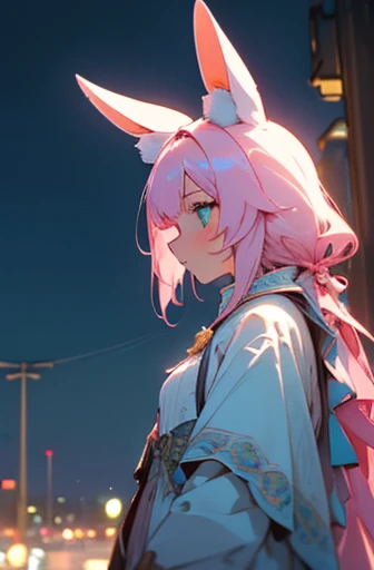 (upper body), (Best quality at best, A high resolution), (like a dream, a vibrant one), (detailed, Be expressive, aesthetic)1 girl, expressionless, standing, light pink hair, rabbit ears costume, light green eyes, from side, beauty, clear eyes, fantastic, bokeh landscape background, moonlight