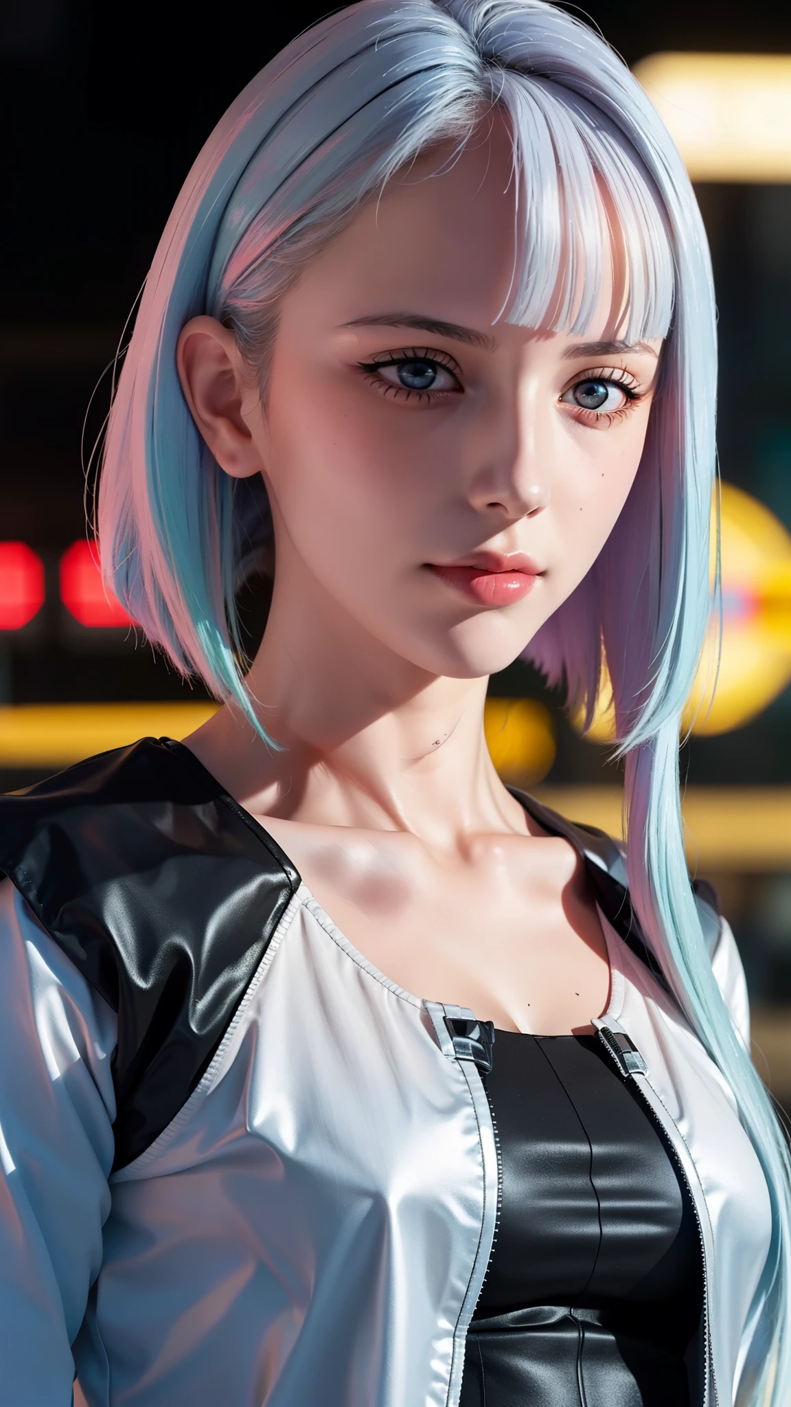 Simple cyberpunk Background,
jacket,black outfit,
bangs, blue eyes, blunt bangs,white hair ,Red eyes,
1 girl, 20yo,Young female,Beautiful Finger,Beautiful long legs,Beautiful body,Beautiful Nose,Beautiful character design, perfect eyes, perfect face,expressive eyes,perfect balance,
looking at viewer,(Focus on her face),closed mouth, (innocent_big_eyes:1.0),Light_Smile,
official art,extremely detailed CG unity 8k wallpaper, perfect lighting,Colorful, Bright_Front_face_Lighting,shiny skin, 
(masterpiece:1.0),(best_quality:1.0), ultra high res,4K,ultra-detailed,
photography, 8K, HDR, highres, absurdres:1.2, Kodak portra 400, film grain, blurry background, bokeh:1.2, lens flare, (vibrant_color:1.2),professional photograph, 
, (beautiful_face:1.5),(narrow_waist),