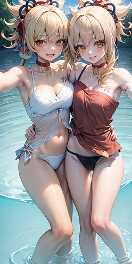 2 girls of the same height smiling in the water in the bathtub，No teeth exposed. Female twins， bright colors，natural lighting, best quality, Chest to chest, hug each other with your arms&#39;waist, sunny masterpiece, Navel exposed, blush, Navel exposed, swimsuit, full, super, Breasts next to each other, firm and slender big breast
