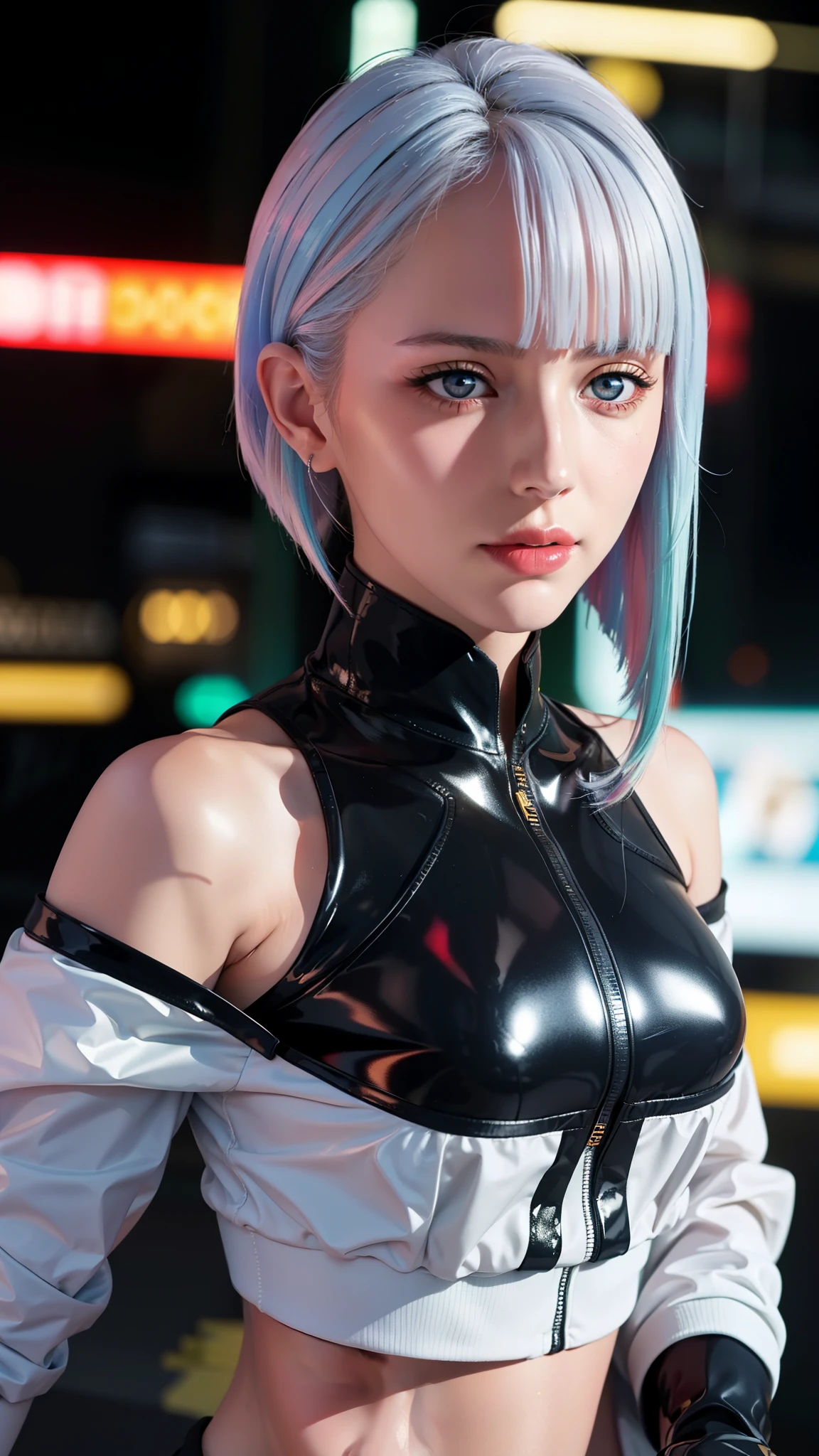 Simple cyberpunk Background,
jacket,black outfit,
bangs, blue eyes, blunt bangs,white hair ,Red eyes,
1 girl, 20yo,Young female,Beautiful Finger,Beautiful long legs,Beautiful body,Beautiful Nose,Beautiful character design, perfect eyes, perfect face,expressive eyes,perfect balance,
looking at viewer,(Focus on her face),closed mouth, (innocent_big_eyes:1.0),Light_Smile,
official art,extremely detailed CG unity 8k wallpaper, perfect lighting,Colorful, Bright_Front_face_Lighting,shiny skin, 
(masterpiece:1.0),(best_quality:1.0), ultra high res,4K,ultra-detailed,
photography, 8K, HDR, highres, absurdres:1.2, Kodak portra 400, film grain, blurry background, bokeh:1.2, lens flare, (vibrant_color:1.2),professional photograph, 
, (beautiful_face:1.5),(narrow_waist),