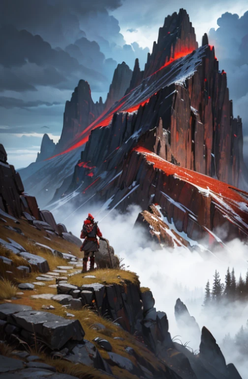 red color scheme, mountain pass, rocky terrain, high elevation, foreboding, moody, lightning, fantasy, epic journey, acrylic paint, lone adventurer, mixed media:1.2, ultra-detailed, HDR, studio lighting, vivid colors, sharp focus, physically-based rendering, extreme detail description