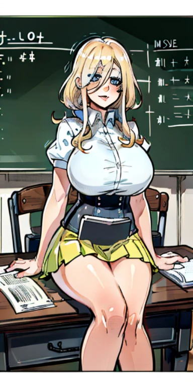 Color, (Masterpiece: 1.4), (Best Quality: 1.4), 8K, HD, Ultra HD, 1 Girl, (Big Tits: 1.4), Long Blonde Hair, White Clothes, Black Short Skirt, White Socks, Desk, Reading, Pen, Curly Hair, Blushing, (Smile with Joy), ((Hands Cover Face, Eyes Covered)), Classroom, Blackboard, ((Sitting at Desk)), ((Reading))