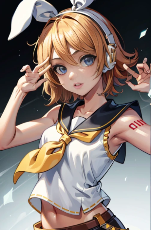 masterpiece, best quality, absurd, perfect anatomy, 1girl, solo, Kagamine Rin, short hair, hair ribbon, number tattoo, bow, white shirt, unbuttoned sleeves, sailor collar, headphones, close-up, looking at the viewer, (upper body: 1.2), standing