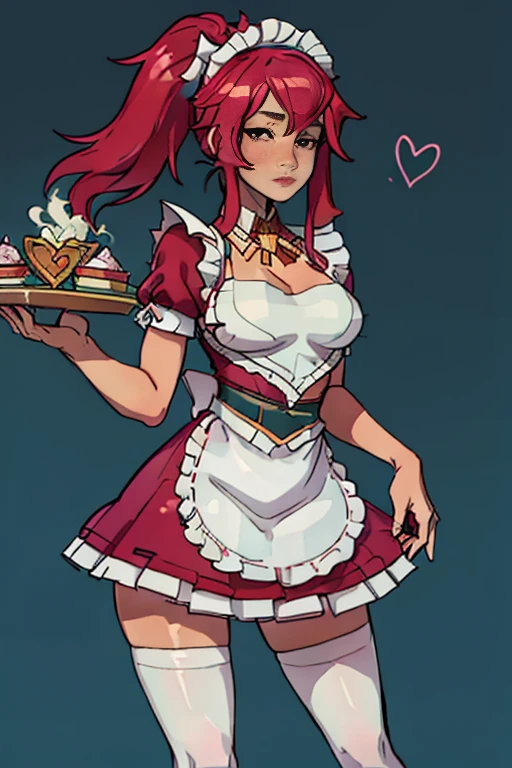 detailed cafe background, masterpiece, best quality, Cafe_Cutie_Sivir, maid_apron, ponytail, serving and offering a cup of coffee, cute maid outfit, master piece, best quality, anime style, detailed face, slim thighs, socks, cute skirt