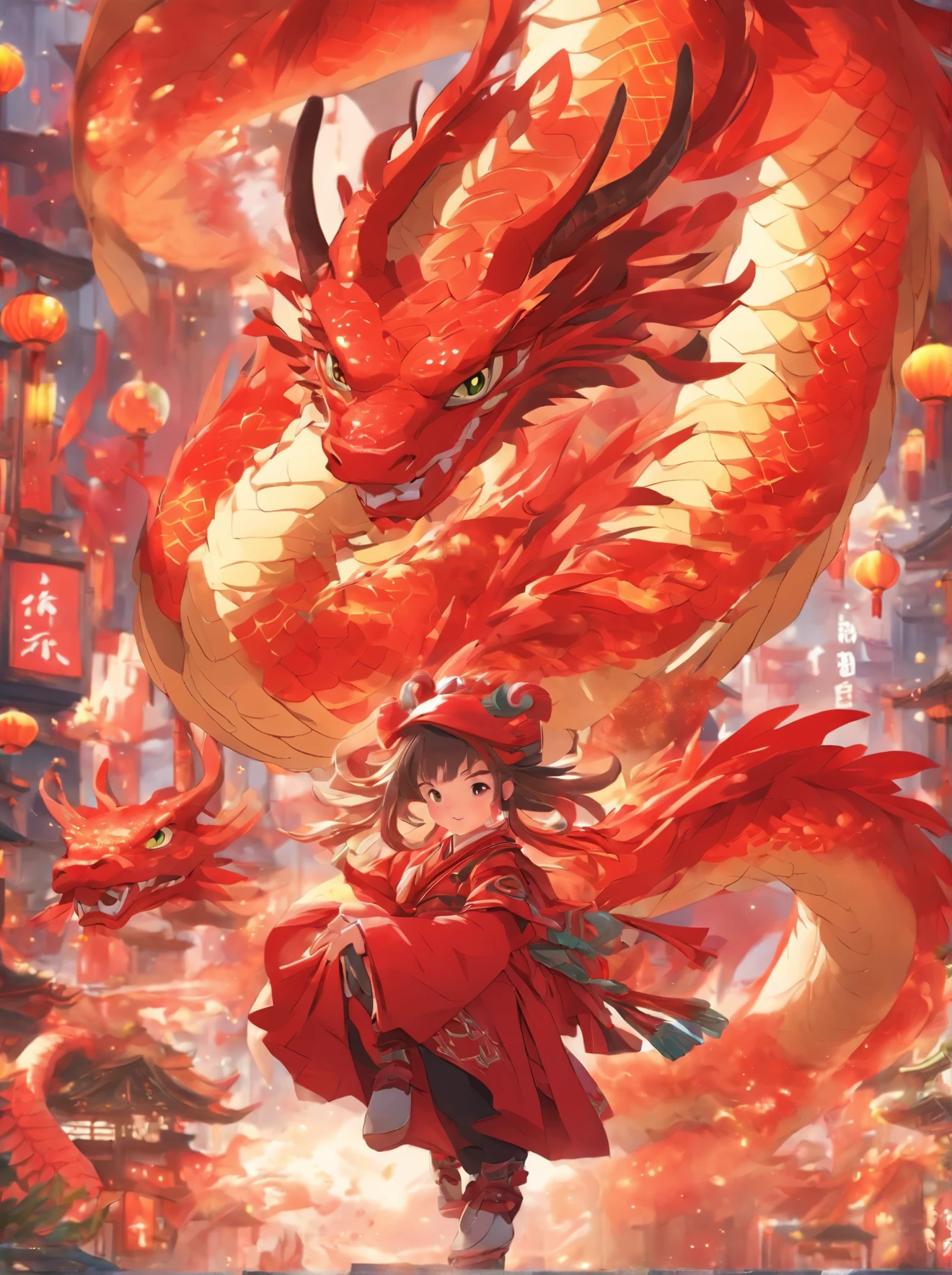 highly details, hyper-detailing,8k, 超高分辨率 ,KIDS ILLUSTRATION,Chubby dragon girl,Colorful cartoon characters,Cute dragons,white backgrounid,Colorful cartoon characters,Chinese red costume,Light,Red vibe,a sticker,