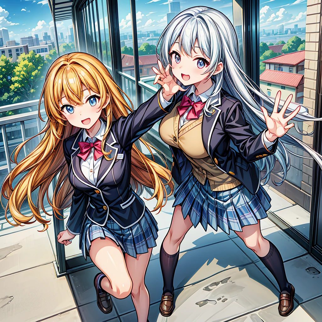 Masterpiece, High-Quality, High-Resolution, Anime Style, Bright Main Colors, Normal Camera Angle, Full-body Subject, Frontal Orientation, a high school girl in a blazer, Bright Lighting, Friends, Japanese, Playful Pose, Energetic Facial Features, Joyful Expression, wavy hairstyle, (wear Blazer uniform with Skirt-twirling), Bright eyes, Smooth Skin Texture, Normal Skin Exposure, high School Student, Average body style, Healthy Vibes, School Shoes, Location is Classroom, Background is View from the classroom window, School Buildings in the Background, sunny weather, daytime, bright and Joyful atmosphere, Richly drawn and ultra-detailed