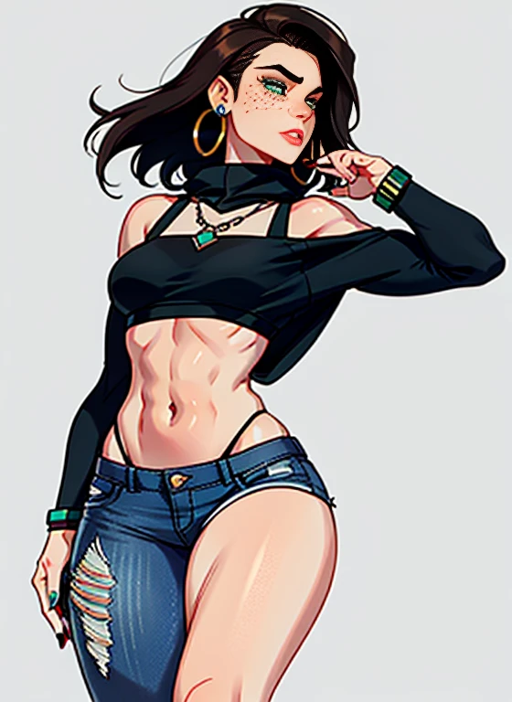 1girl, 1 person, solo female, short, dark brown hair, chin length hair. Her face is angular with high cheekbones, a straight nose, and full lips. She has green eyes that are often smudged with black eyeliner, giving her a slightly edgy look. Her skin pale and dotted with a few freckles across her nose and cheeks. tall and lean with a toned, athletic build from years of playing sports. broad shoulders and a narrow waist, giving her an androgynous look. Casual clothing like croptop, hoodies, and ripped short jeans. combat boots and accessorizes with simple jewelry like leather bracelets or silver hoop earrings. Despite her tomboyish style, she still likes to show off her femininity with small touches like painted nails or a delicate necklace.