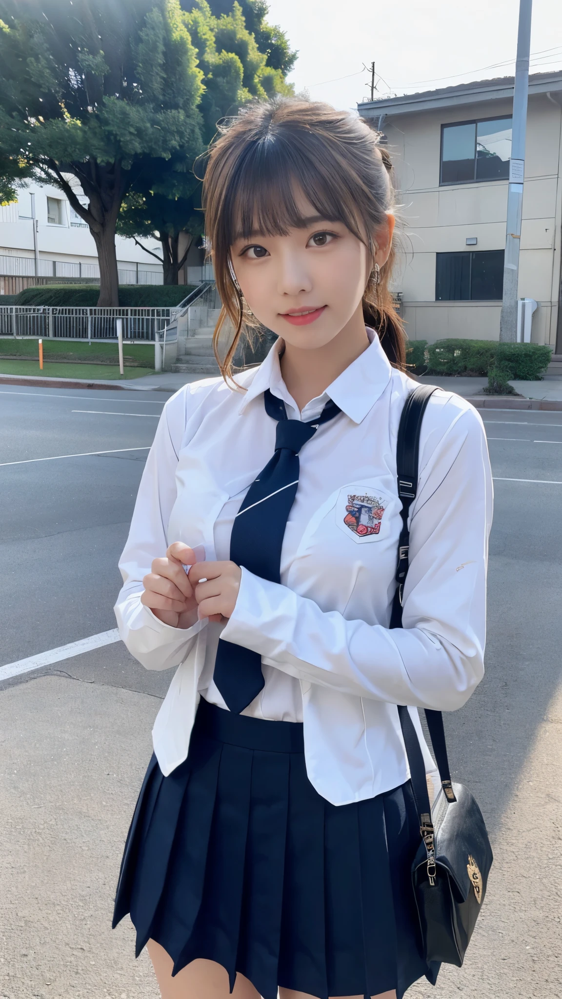 mix 4, (16K, Raw photo, best image quality, masterpiece: 1.45), (realistic, Photoreal: 1.37), one girl, cute, cityscape,, professional lighting, photon mapping, school classroom, Physically based rendering, dark brown hair,ponytail hairstyle, Beautiful well-groomed eyes、((double eyelid))、super cute girl, (((school uniform、blazer、Long-sleeved shirts worn by Japanese high school girls、ribbon tie、Navy blue super super super mini skirt,、dark blue socks、black loafers))), highest quality photos, High resolution, 1080P, (clear face), (Detailed facial description), (detailed description of hands), (masterpiece), (Detailed CG)、extreme light and shadow、messy hair、master work、Rich details、(detailed facial features)、(highest quality photos)、(Masseter muscle part)、(detailed eye)、look in front of you、thin clavicle、((slender and big))、(((Japanese high school girls wear long-sleeved shirts)))、((neat idol))、((school gate、schoolyard、School building in the background))、(Take photos from random viewpoints)、(((Anyway it's cute)))、earrings、big smile、Draw the whole body from the knees、Do not draw fine lines、(((Sports bags used by Japan schoolgirls)))、(small breasts:1.2)、small buttocks with tension、Two arms and two legs、(((from the front:0.7)))、bare hands、(((symmetrical eyes)))、standing pose、put your hands on the desk、Do not remove the tie from the jacket、