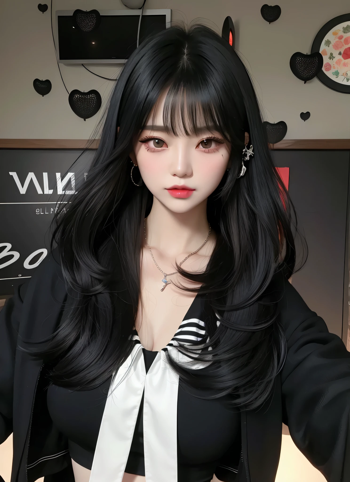 there is a woman with long black hair wearing a black top, lblsck hair, inspired by Sim Sa-jeong, imvu, cruel korean goth girl, sui ishida with black hair, inspired by Ma Yuanyu, sakimi chan, with straight black hair, detailed long black hair, black hime cut hair, 1girl, star eye, blush, perfect illumination, black hair, black eyes, unreal engine, sidelighting, detailed face, bangs, bright skin, simple background, repainting