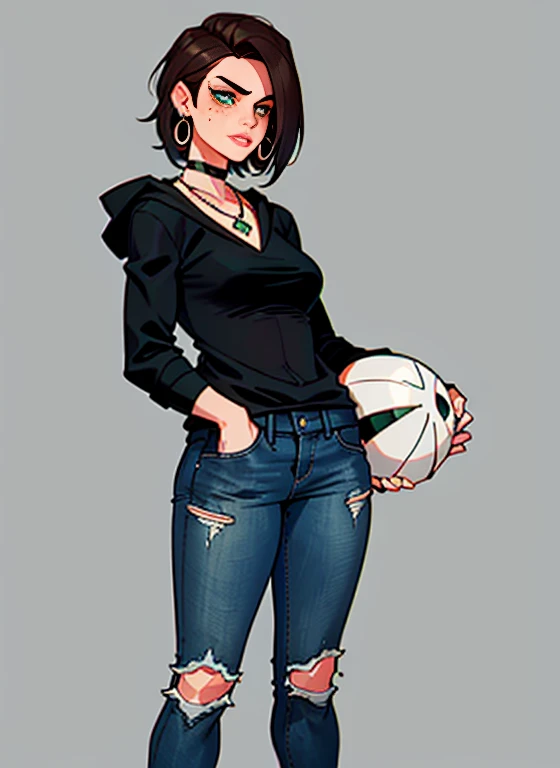 1girl, 1 person, solo female, has short, dark brown hair that she usually wears in a tousled style. Her face is angular with high cheekbones, a straight nose, and full lips. She has bright green eyes that are often smudged with black eyeliner, giving her a slightly edgy look. Her skin pale and dotted with a few freckles across her nose and cheeks. tall and lean with a toned, athletic build from years of playing sports. broad shoulders and a narrow waist, giving her an androgynous look. Casual clothing usually black like baggy t-shirts, hoodies, and ripped jeans. wears sneakers or combat boots and accessorizes with simple jewelry like leather bracelets or silver hoop earrings. Despite her tomboyish style, she still likes to show off her femininity with small touches like painted nails or a delicate necklace.