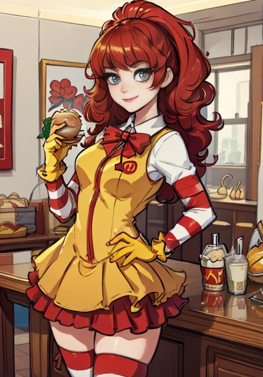 （Chen Xudong：1），astonishment，adolable，Cute pose，looking at viewert，thick thight，（Yellow gloves，striped thighhighs，Striped sleeves），1girll，ssmile，Exquisite facial features，Burger in hand，Coke，
（realisticlying：1.2）， （hentail realism）， （tmasterpiece：1.2）， （best qualtiy）， （Hyper-detailing）， （8K， 4K， 复杂）， （full body shot of：1），（cowboy lens：1.2）， （85mm）， light particules， illuminating， （highly details：1.2）， （Detailed face：1.2）， （Gradient）， sfv， a color，（Detailed eyes：1.2），
（Detailed lady view，dining room：1.2），（detailedbackground），detailed scenic view，（dynamic angle：1.2），（dynamicposes：1.2），（third_composition：1.3），（Action lines：1.2），wide wide shot，rays of sunshine，独奏，