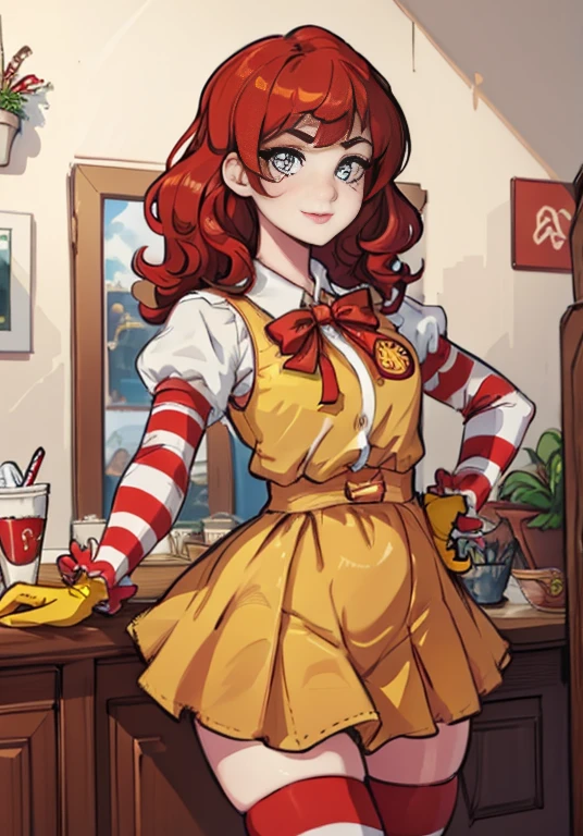 （Chen Xudong：1），astonishment，adolable，Cute pose，looking at viewert，thick thight，（Yellow gloves，striped thighhighs，Striped sleeves），1girll，ssmile，Exquisite facial features，Burger in hand，Coke，
（realisticlying：1.2）， （hentail realism）， （tmasterpiece：1.2）， （best qualtiy）， （Hyper-detailing）， （8K， 4K， 复杂）， （full body shot of：1），（cowboy lens：1.2）， （85mm）， light particules， illuminating， （highly details：1.2）， （Detailed face：1.2）， （Gradient）， sfv， a color，（Detailed eyes：1.2），
（Detailed lady view，dining room：1.2），（detailedbackground），detailed scenic view，（dynamic angle：1.2），（dynamicposes：1.2），（third_composition：1.3），（Action lines：1.2），wide wide shot，rays of sunshine，独奏，