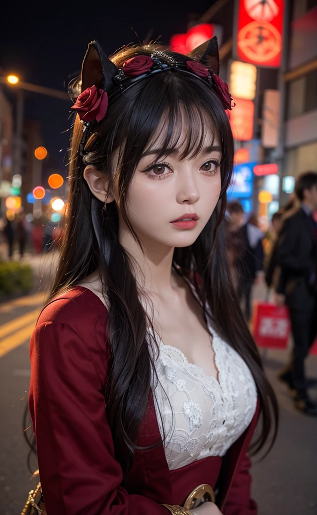 1girl, Tokyo street,night, cityscape,city lights, upper body,close-up, 8k, RAW photo, best quality, masterpiece,realistic, photo-realistic,headgear of red rose, parted bangs, long hair,