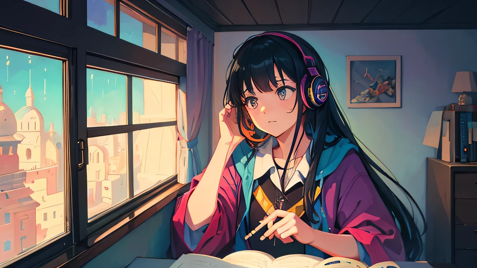 European Hippie Girl studying in her room, dreaming, Wear headphones, night lights, cozy warm on a rainy day, muji color theme, Lo-Fi Hip Hop , retrospective ,Draw a line, Ink Drawing, Large slope, Watercolor painting, Goosch Colors, Awesome colorful, Outer Ton, krautrock, lofi art, 70s style,Old texture, amplitude,psychedelic vibe, masterpiece, Tremendous technology, INFO, face focus