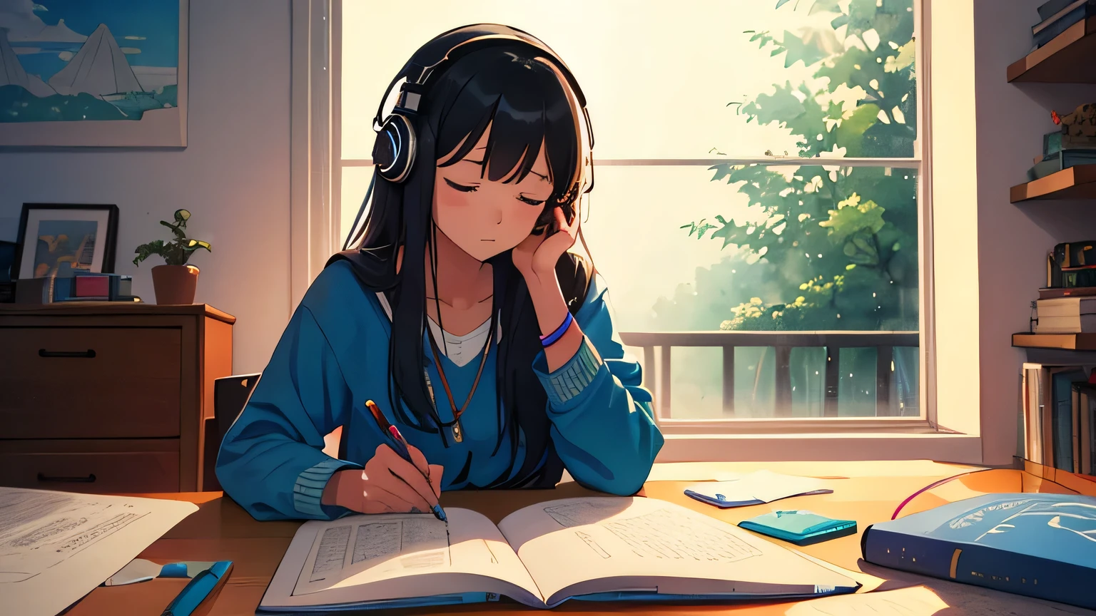 European Hippie Girl studying in her room, dreaming, Wear headphones, night lights, cozy warm on a rainy day, muji color theme, Lo-Fi Hip Hop , retrospective ,Draw a line, Ink Drawing, Large slope, Watercolor painting, Goosch Colors, Awesome colorful, Outer Ton, krautrock, lofi art, 70s style,Old texture, amplitude,psychedelic vibe, masterpiece, Tremendous technology, INFO, face focus
