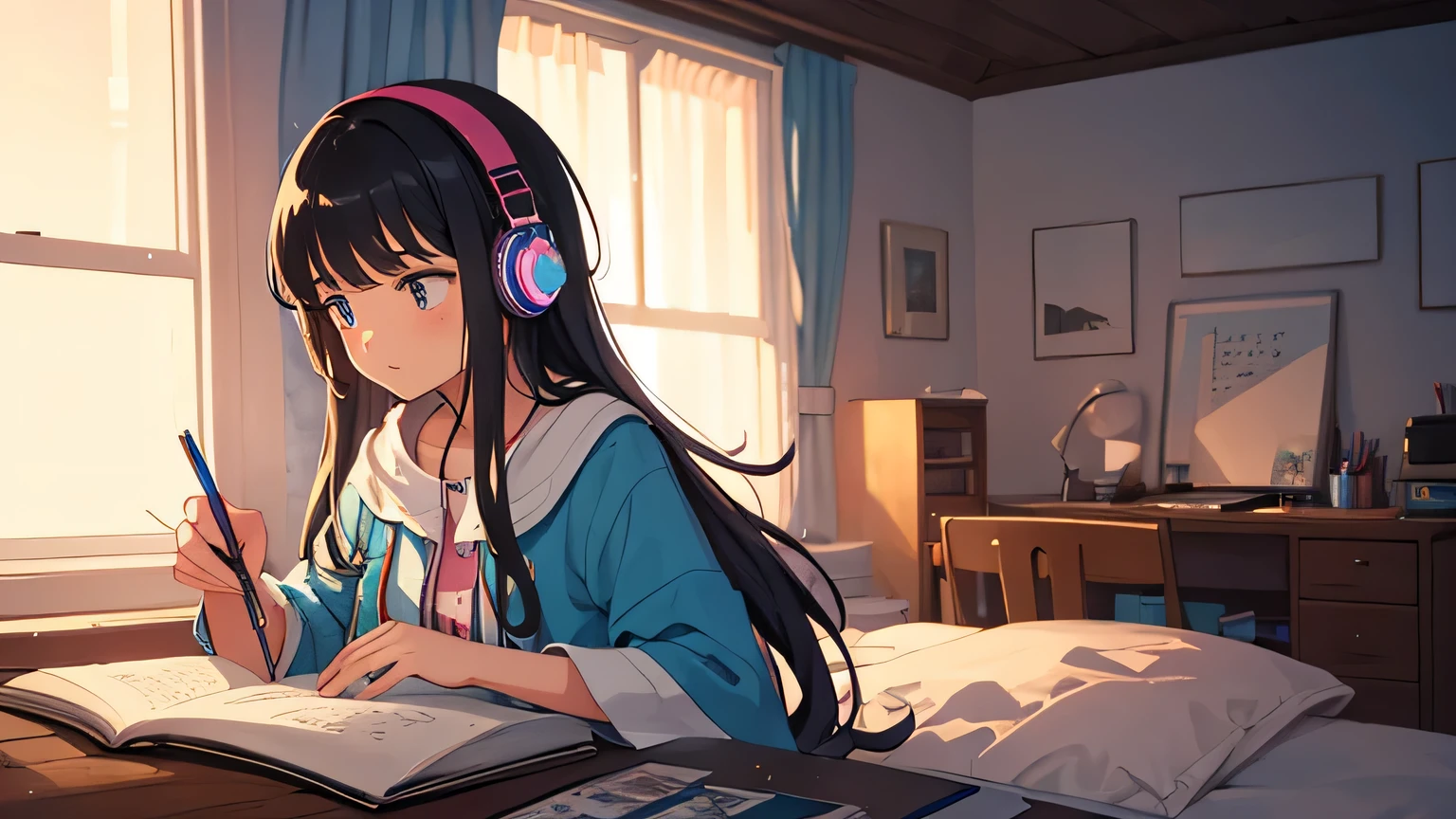 European Hippie Girl studying in her room, dreaming, Wear headphones, night lights, cozy warm on a rainy day, muji color theme, Lo-Fi Hip Hop , retrospective ,Draw a line, Ink Drawing, Large slope, Watercolor painting, Goosch Colors, Awesome colorful, Outer Ton, krautrock, lofi art, 70s style,Old texture, amplitude,psychedelic vibe, masterpiece, Tremendous technology, INFO, face focus