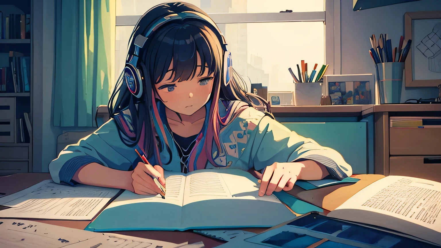 European Hippie Girl studying in her room, dreaming, Wear headphones, night lights, cozy warm on a rainy day, muji color theme, Lo-Fi Hip Hop , retrospective ,Draw a line, Ink Drawing, Large slope, Watercolor painting, Goosch Colors, Awesome colorful, Outer Ton, krautrock, lofi art, 70s style,Old texture, amplitude,psychedelic vibe, masterpiece, Tremendous technology, INFO