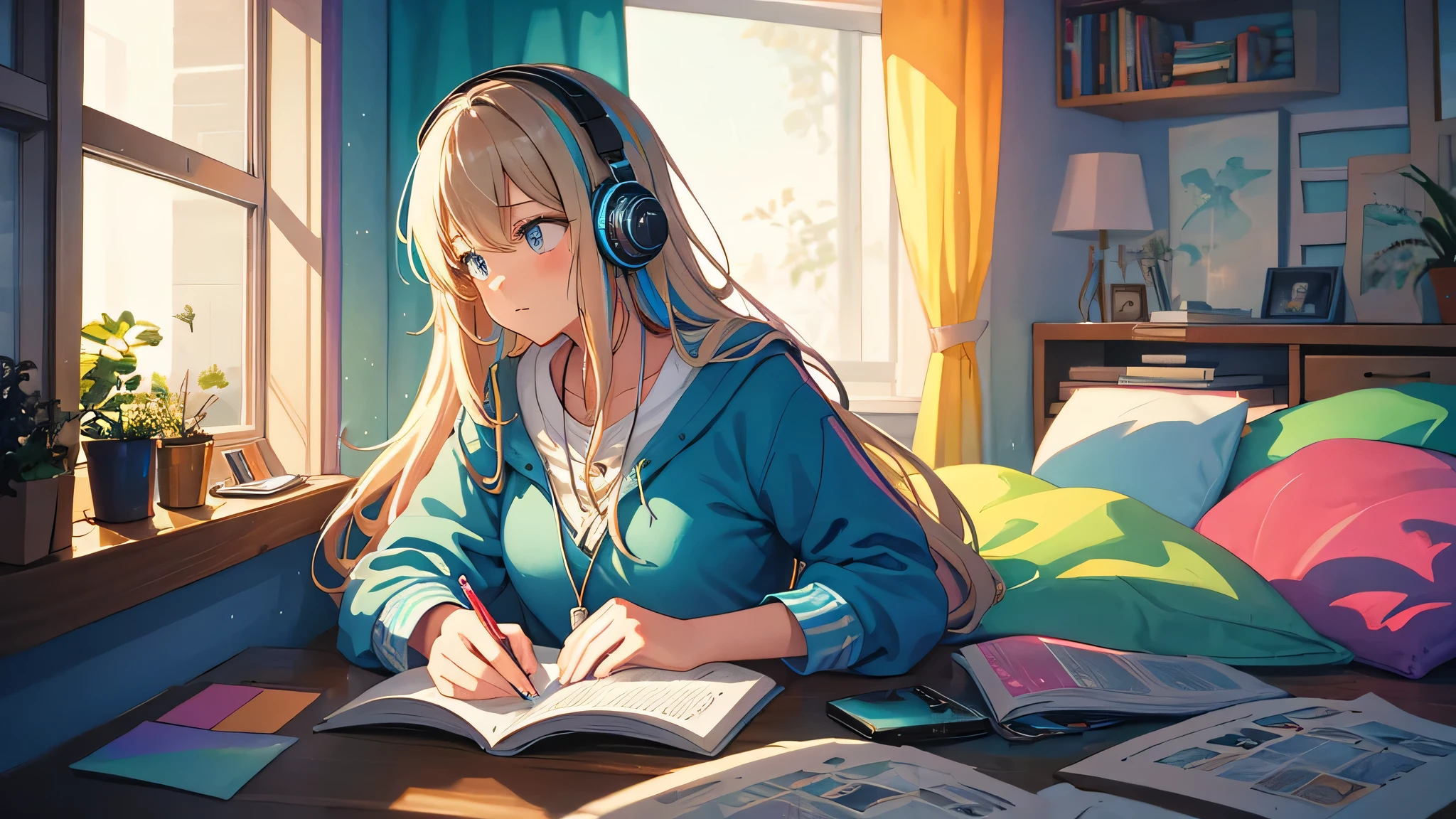 European Hippie Girl studying in her room, dreaming, Wear headphones, night lights, cozy warm on a rainy day, muji color theme, Lo-Fi Hip Hop , retrospective ,Draw a line, Ink Drawing, Large slope, Watercolor painting, Goosch Colors, Awesome colorful, Outer Ton, krautrock, lofi art, 70s style,Old texture, amplitude,psychedelic vibe, masterpiece, Tremendous technology, INFO
