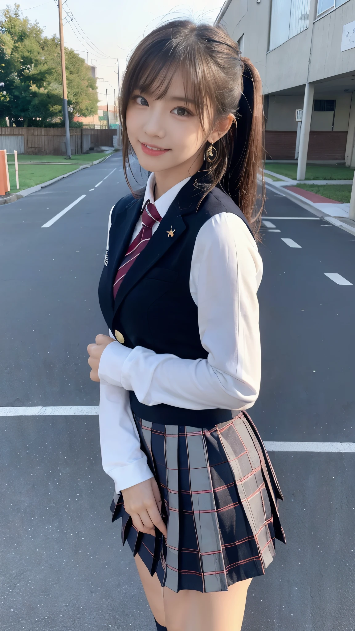 mix 4, (16K, Raw photo, best image quality, masterpiece: 1.45), (realistic, Photoreal: 1.37), one girl, cute, cityscape,, professional lighting, photon mapping, school classroom, Physically based rendering, dark brown hair,ponytail hairstyle, Beautiful well-groomed eyes、((double eyelid))、super cute girl, (((school uniform、blazer、Long-sleeved shirts worn by Japanese high school girls、ribbon tie、Navy blue super super super mini skirt,、dark blue socks、black loafers))), highest quality photos, High resolution, 1080P, (clear face), (Detailed facial description), (detailed description of hands), (masterpiece), (Detailed CG)、extreme light and shadow、messy hair、master work、Rich details、(detailed facial features)、(highest quality photos)、(Masseter muscle part)、(detailed eye)、look in front of you、thin clavicle、((slender and big))、(((Japanese high school girls wear long-sleeved shirts)))、((neat idol))、((school gate、schoolyard、School building in the background))、(Take photos from random viewpoints)、(((Anyway it's cute)))、earrings、big smile、Draw the whole body from the knees、Do not draw fine lines、(((Sports bags used by Japan schoolgirls)))、(small breasts:1.2)、small buttocks with tension、Two arms and two legs、(((from the front:0.7)))、bare hands、(((symmetrical eyes)))、standing pose、put your hands on the desk、Do not remove the tie from the jacket、
