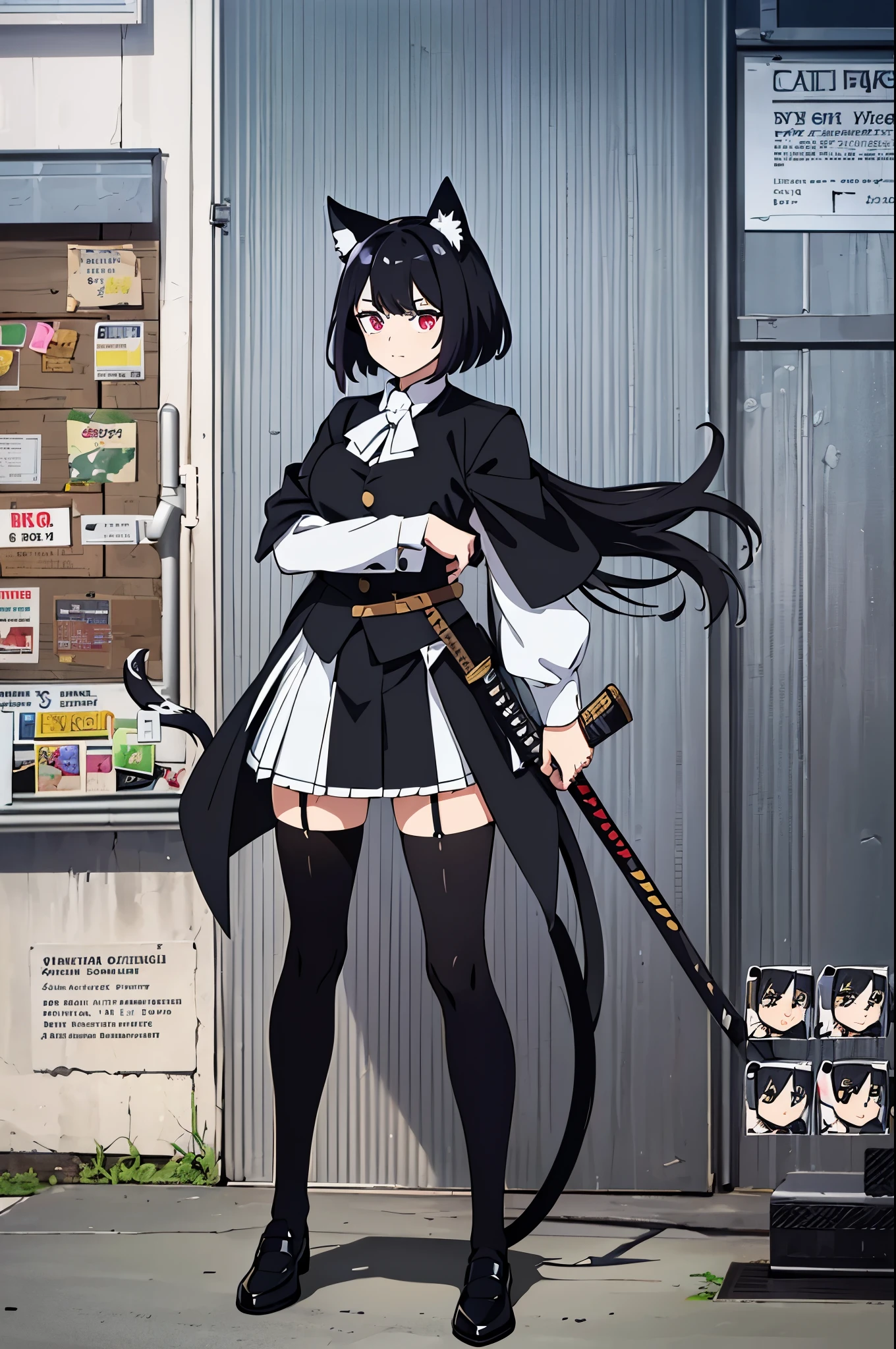 1 woman, :3 face, black and white multi colored hair, short black-white hair, cat ears, cat tail, rpg video game styled princess vest, box pleat skirt, black school thigh-highs, loafers, pushing back hair, holding katana, rpg background, full body portrait.
