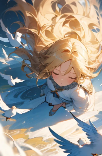 (Best quality at best, A high resolution), (like a dream, a vibrant one), (detailed, Be expressive, aesthetic)1 girl, expressionless, blonde long hair, white clothes, shutting eyes, from above, wind is blowing, fantastic, Flock of birds in the background