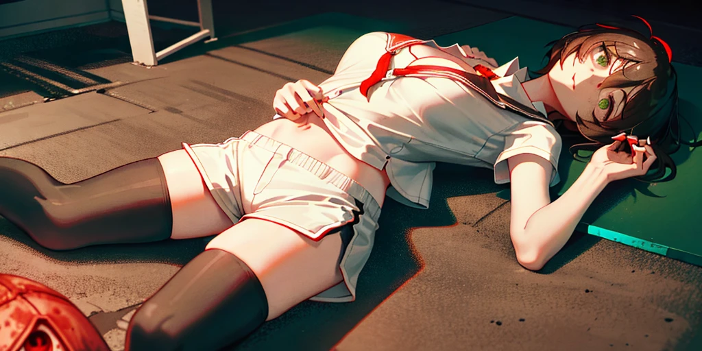(Lie on the ground:1.2), riser, 1 girl, alone, shorts, ((white shirt)), black Thighhighs, huge breasts, big breasts, cleavage, uniform, office background, 黒いshorts, short shorts, office, (Killed)), ((From above)), (cinematic lighting), dutch angle, ((Sea of Blood)), ((Bloody Body)), (rape face), (((horror))), (Put your arms on the ground), (Sagging hair), Bloody ground, hair between eyes, messy hair, large chest, short hair, brown hair, red short nails, green eyes, alone, Thighhighs, thighs, slender woman, ((masterpiece)), classroom, board, class board,