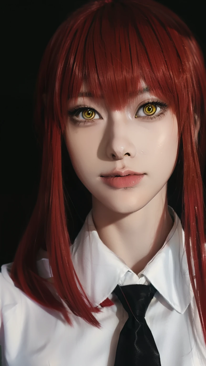 beautiful gorgeous Makima woman staring at the viewer, yellow eyes, sharp, red hair, white shirt, black tie, volumetric lightning, superdetailed