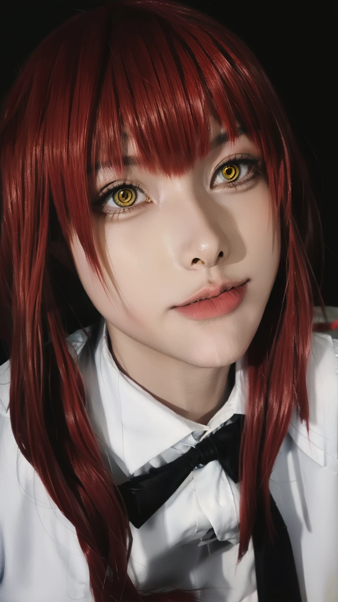 beautiful gorgeous Makima woman staring at the viewer, yellow eyes, sharp, red hair, white shirt, black tie, volumetric lightning, superdetailed