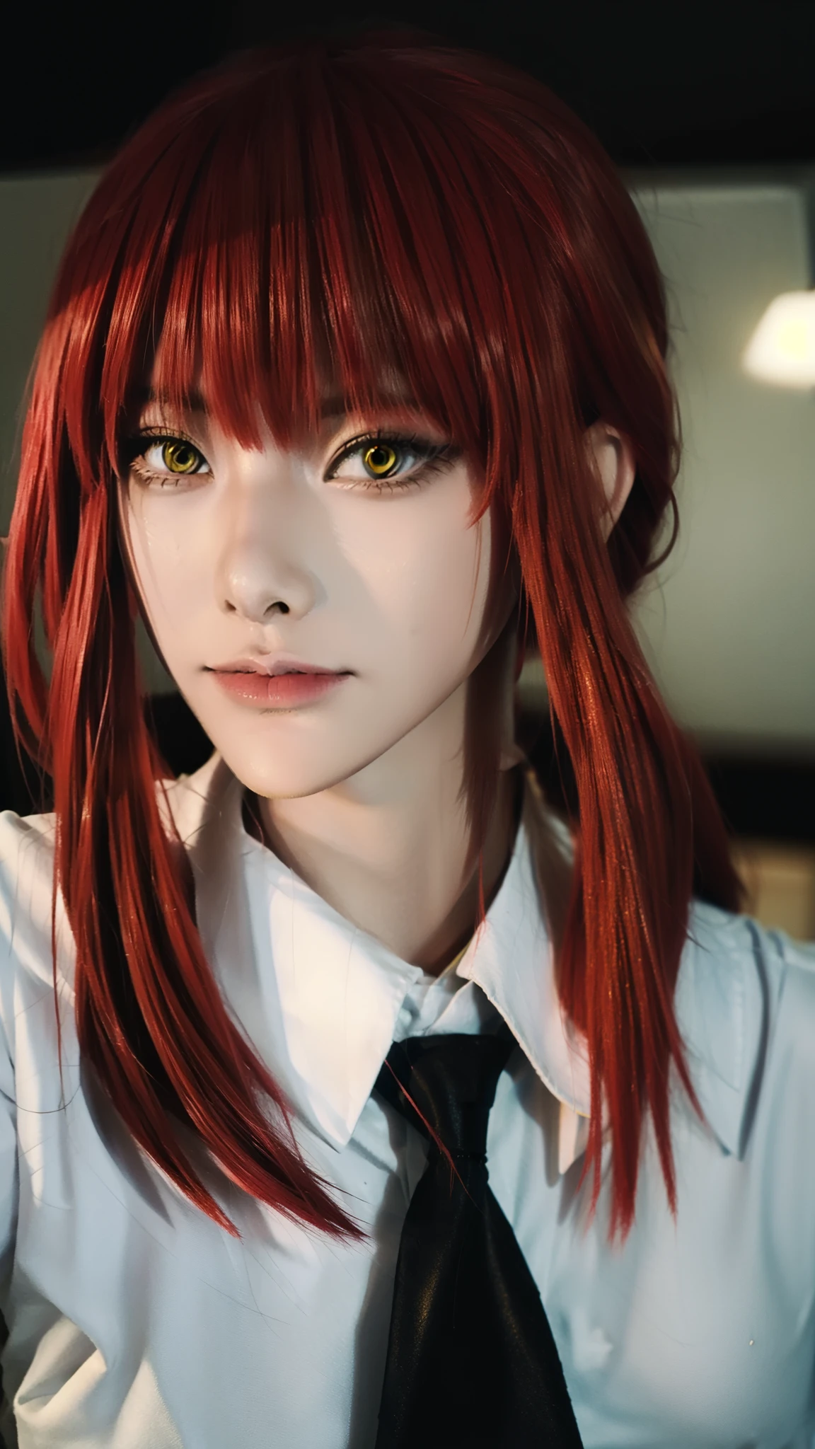 beautiful gorgeous Makima woman staring at the viewer, RAW photo, masterpiece, 8k, yellow ringcle eyes, sharp, red hair, white shirt, (black tie), volumetric lightning, superdetailed, makima (\chainsawman\), model pose
