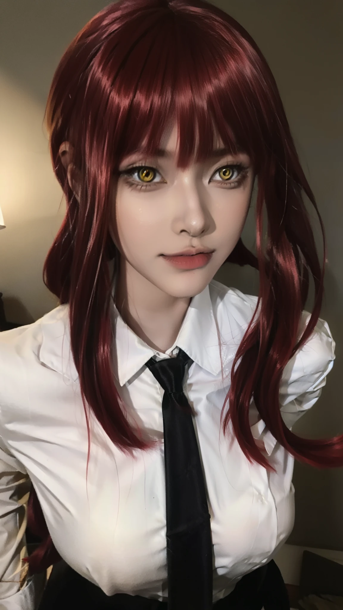 beautiful gorgeous Makima woman staring at the viewer, yellow eyes, sharp, red hair, white shirt, black tie, volumetric lightning, superdetailed