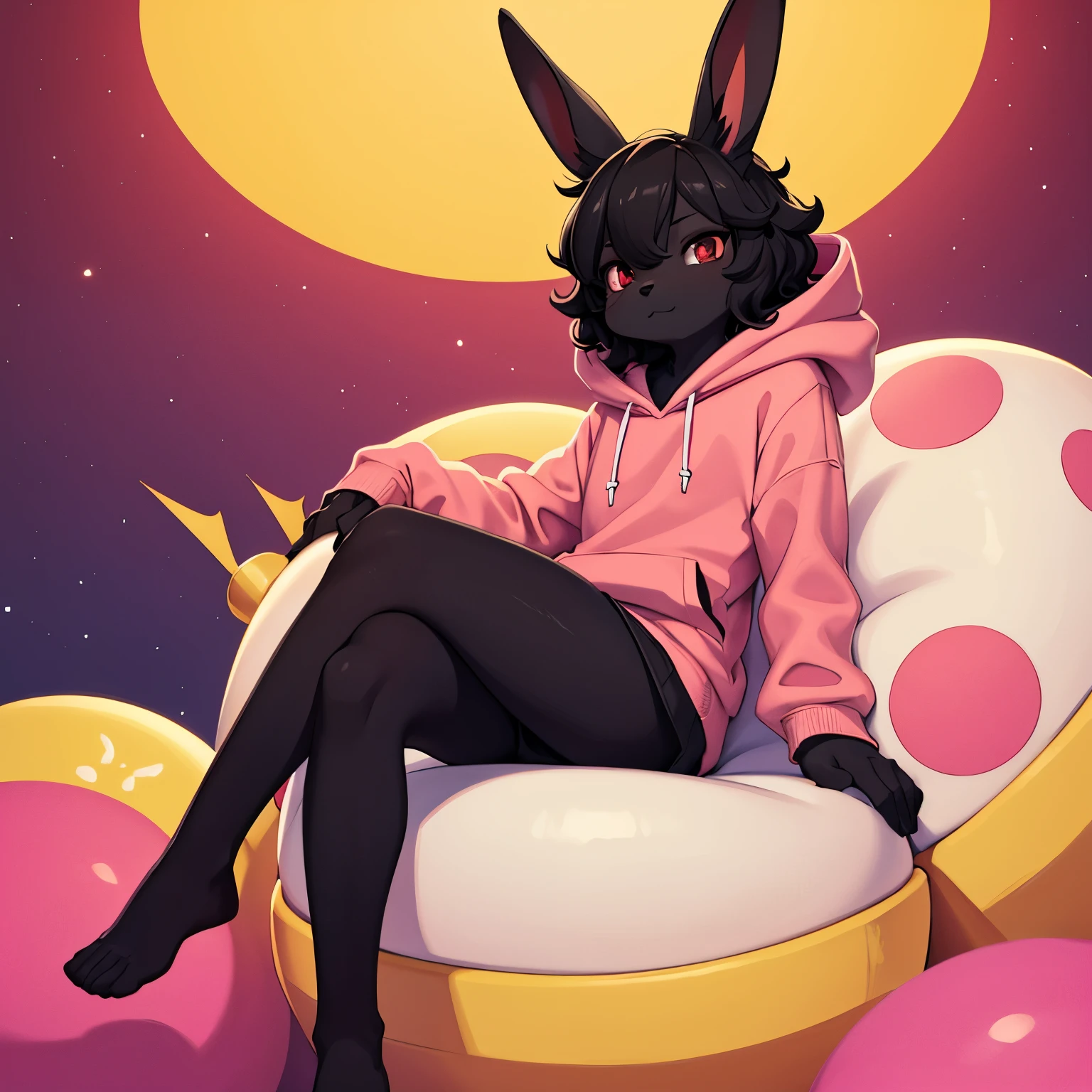 &quot;Anthropomorphic, man, teenage bunny boy with short curly black hair, forming a bundle (though), black fur, pink-red eyes and pink-red nose, is sitting, legs crossed, in a cozy, habitable space of a spaceship. bunny wearing a yellow hoodie (shirt) without a hood and a pink skirt. Artist styles, used in this image, — Zaush, s1m and space».

