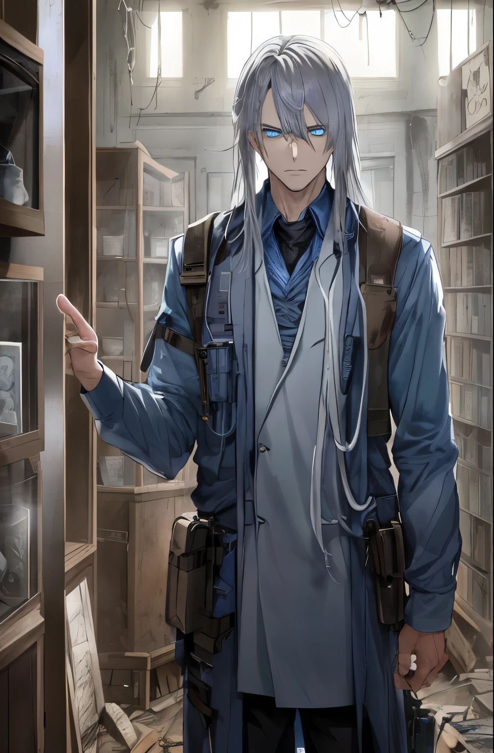 1 male doctor, gray hair, blue eyes, (cowboy_shooting:1.2), Face focus, long hair, side lock, Fear的,(Fear:1.1) Express, mood lighting, moody, dark, In an abandoned old museum, Clear glass display case,filled with interesting items, dusty, post-apocalyptic, net, superb, Beautiful 8k wallpaper, Very detailed, complex,Angry eyes