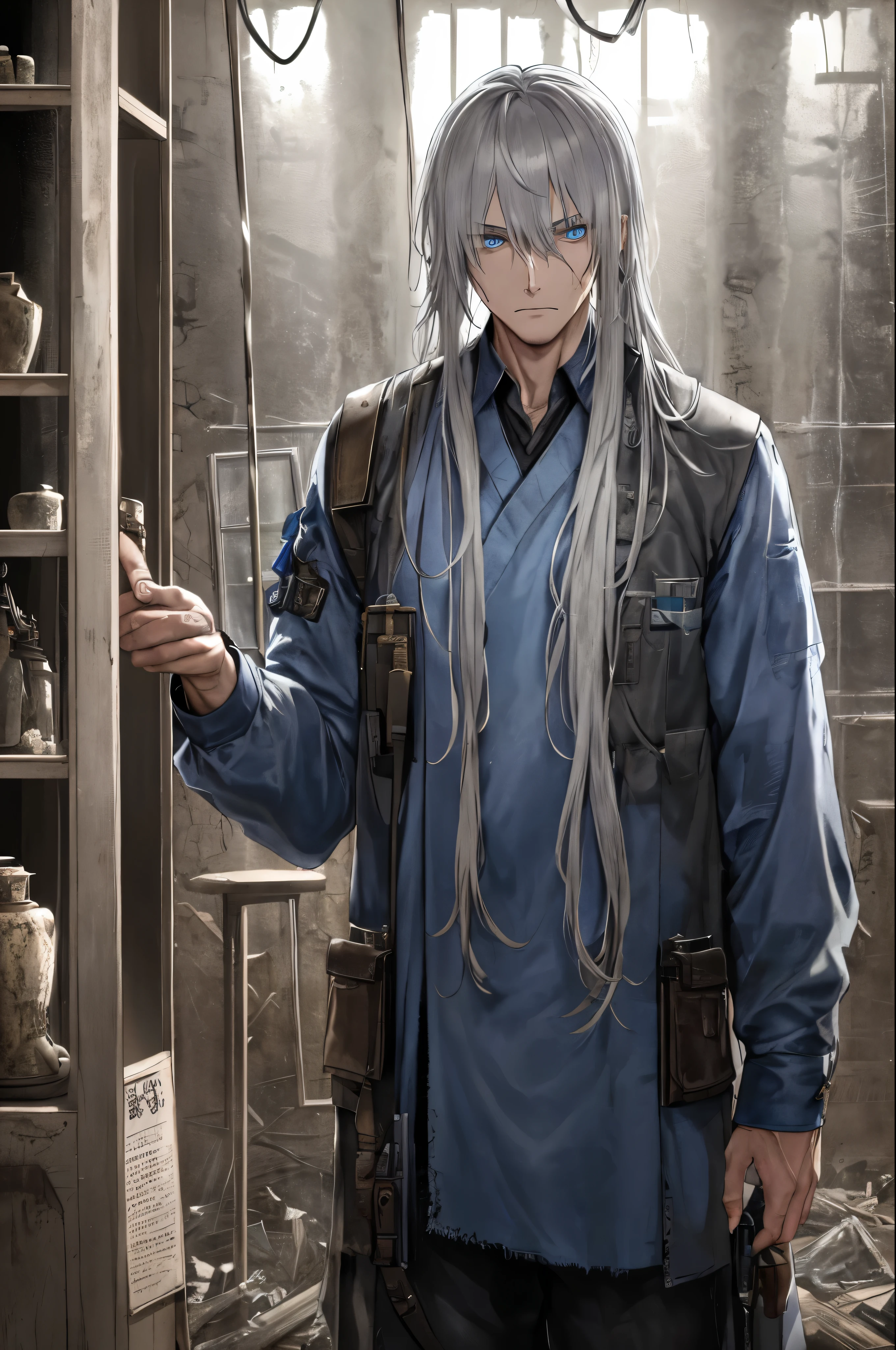 1 male doctor, white hair, blue eyes, (cowboy_shooting:1.2), Face focus, long hair, side lock, Fear的,(Fear:1.1) Express, mood lighting, moody, dark, In an old abandoned museum, Clear glass display case,Full of interesting items, dusty, post apocalyptic, net, superb, Beautiful 8k wallpaper, Very detailed, complicated