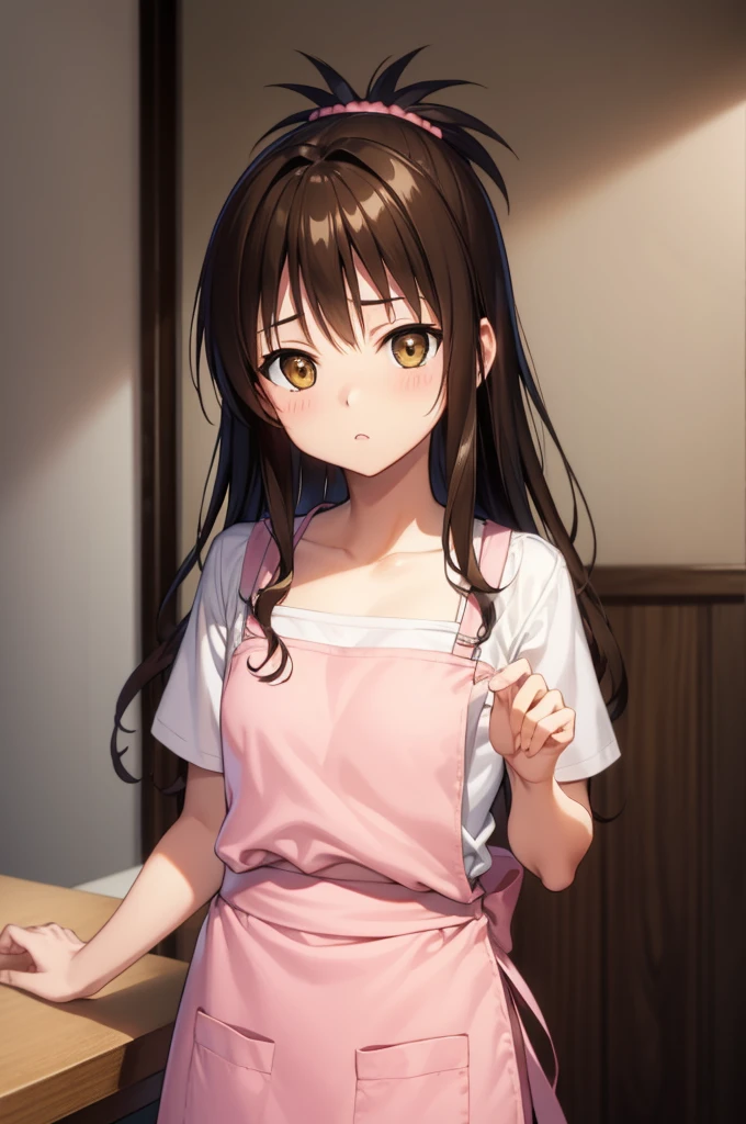 mikanyuuki, mikan yuuki, (brown eyes:1.7), brown hair, hair ornament, hair scrunchie, long hair, pink scrunchie, scrunchie, (flat chest:1.2),
BREAK apron, blouse, collarbone, layered skirt, pink shirt, shirt, short sleeves, skirt, yellow apron,
BREAK looking at viewer,
BREAK indoors,
BREAK (masterpiece:1.2), best quality, high resolution, unity 8k wallpaper, (illustration:0.8), (beautiful detailed eyes:1.6), extremely detailed face, perfect lighting, extremely detailed CG, (perfect hands, perfect anatomy),