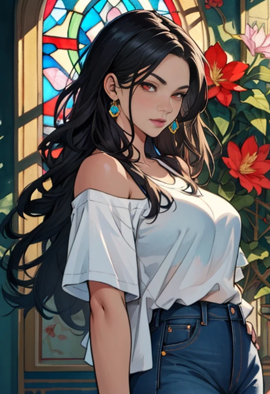 style ::2.0 comix illustration style,tatoon style , comic book style ,ashley alexiss argentina ,beautiful woman with long hair ultra detailed, (beautiful and clear background:1.2),, fantastic paintings ,graffit style, flowers, olhos altamente detalhados , a white t-shirt or dressed in a jaeans jacket and white blouse underneath, with both fists in a fighting position, and bracelets, fighting against an enemy, with long black hair , stained glass colored, tongue slightly out, vibrant, alphonse mucha style, fantastic paintings by joe madureira ,high quality, --ar 3:4 --upbeta --test --creative --upbeta --upbeta --upbeta --upbeta, masterpiece, best quality, high quality, extremely detailed cg unity 8k wallpaper, scenery, award winning photography, hdr, extremely detailed, trending on artstation, trending on cgsociety, intricate, high detail, art by midjourney style::STYLE JKenneth Rocafort ::2.9 (masterpiece:1.2, best quality), (finely detailed beautiful eyes: 1.2), ((1girl Kelly Brook very beautiful woman BIG BREAST )), ((solo)), (red eyes:1.4), (finely detailed eyes and detailed face:1.3),), (with jeans and a white t-shirt or dress:1.3), (beautiful and clear background:1.2), (extremely detailed CG, ultra-detailed, best shadow:1.1), ((depth of field)), ((watercolor)), large breasts, bare shoulders, flowers and petals, beautiful concept illustration , (white background:0.5), (illustration :1.1), (extremely fine and beautiful:1.1), (perfect details:1.1)