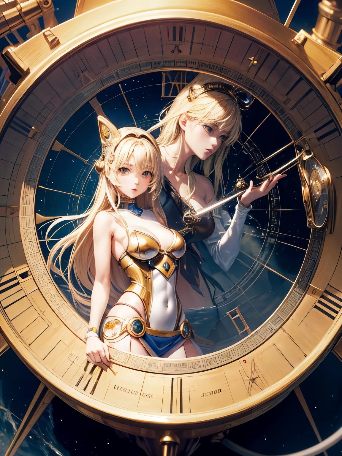 Alexandre de Riquer, Naoko Takeuchi, Surreal, mysterious, strange, fantastical, fantasy, Sci-fi, Japanese anime, mechanical tarot, blonde miniskirt beautiful girl automaton Alice, perfect voluminous body, swimming clock, detailed masterpiece