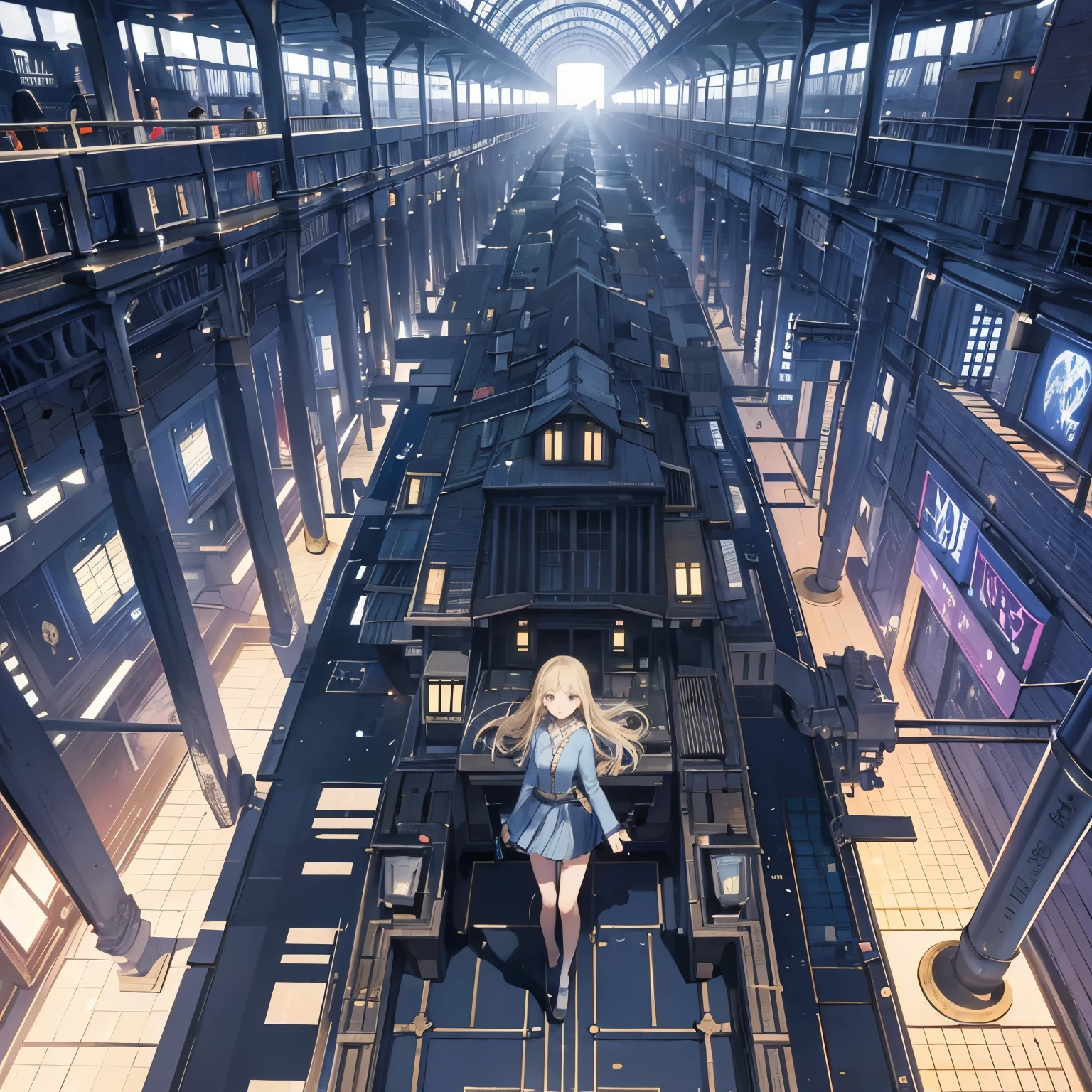 Paul Delvaux, shuho itahadhi, Surreal, mysterious, strange, fantastical, fantasy, Sci-fi, Japanese anime, miniskirt beautiful girl who loves machines, futuristic architecture, perspective, perspective drawing, movement of the vanishing points, perspectives bird’s eye view angles, detailed masterpiece