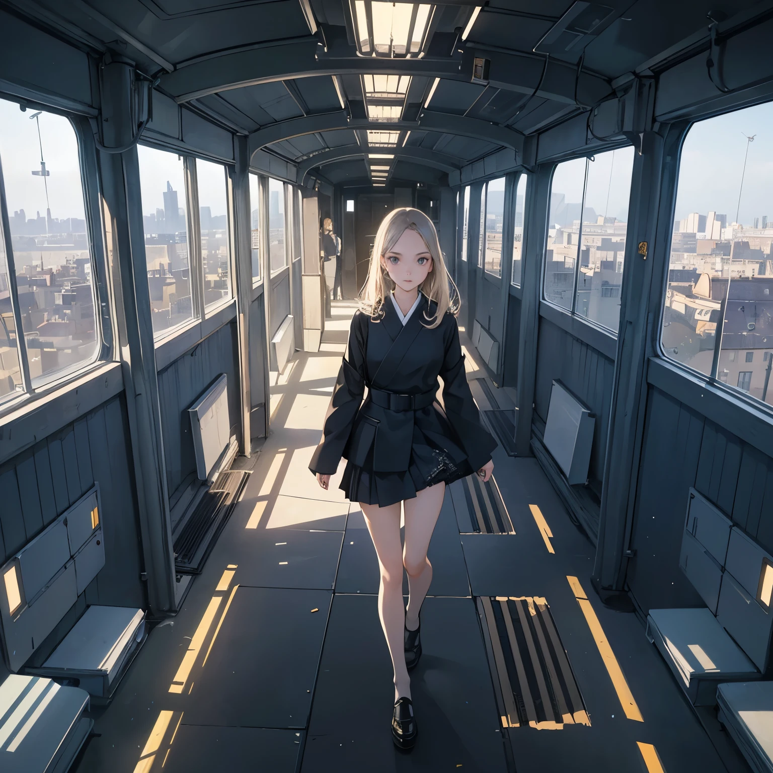 Paul Delvaux, shuho itahadhi, Surreal, mysterious, strange, fantastical, fantasy, Sci-fi, Japanese anime, miniskirt beautiful girl who loves machines, futuristic architecture, perspective, perspective drawing, movement of the vanishing points, perspectives bird’s eye view angles, detailed masterpiece