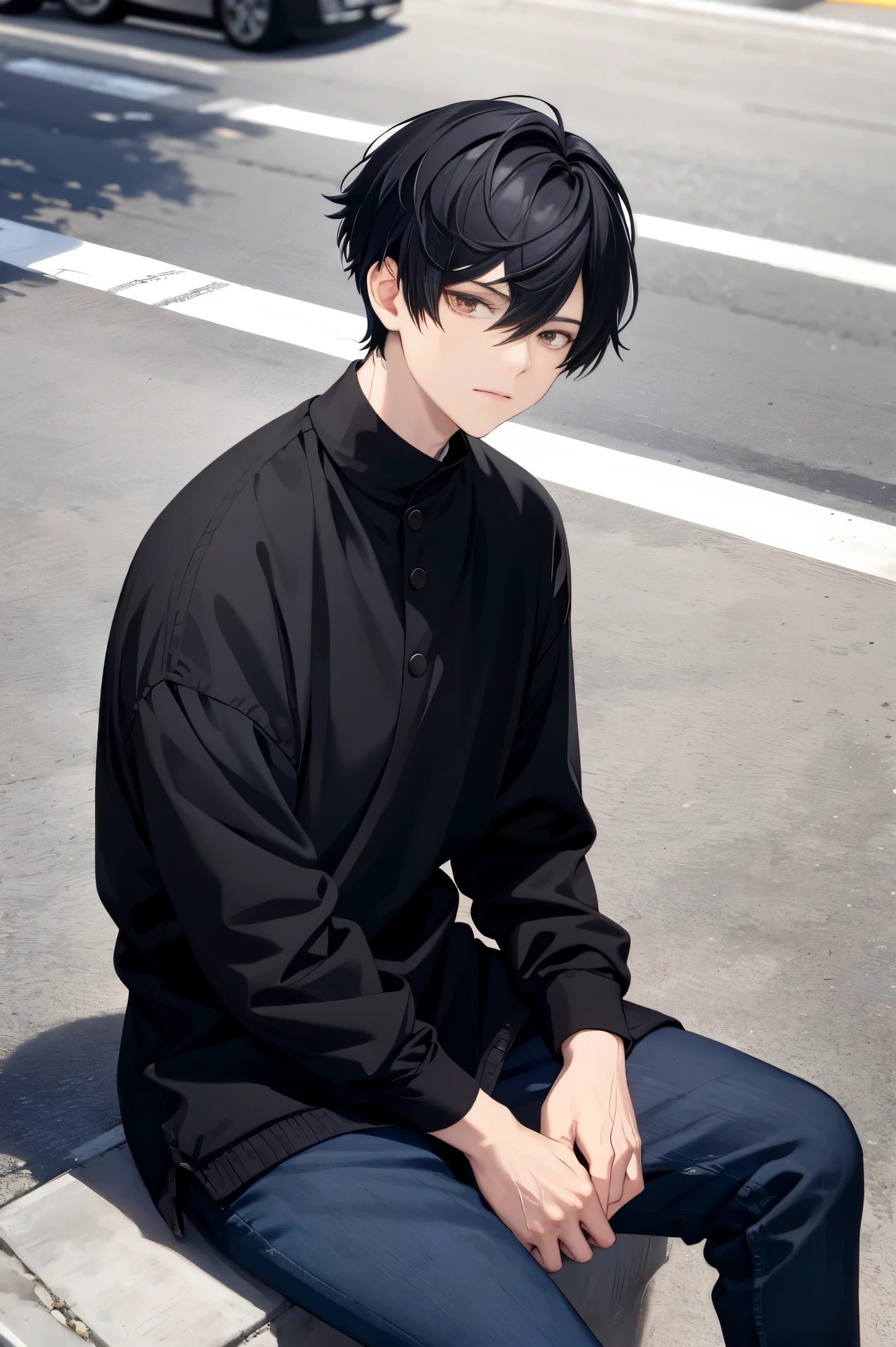 kpop boy, black hair, fade cut, put, sitting, outside street