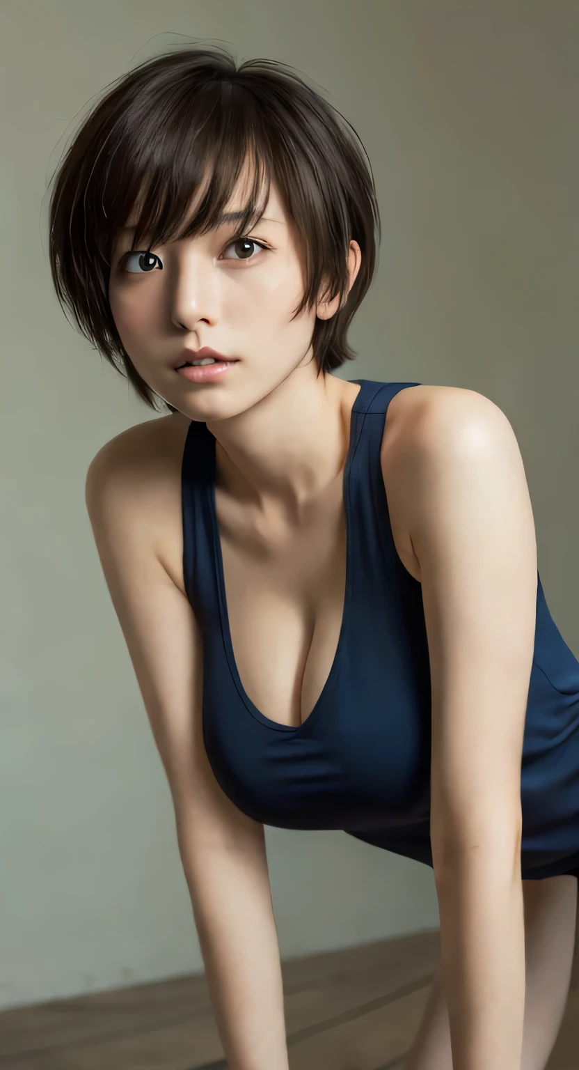 (highest quality,8K,masterpiece),
ojou-sama pose,leaning forward,sexy,attractive,
pixie cut,
Tank top,
realistic skin,big breasts,emphasize cleavage,