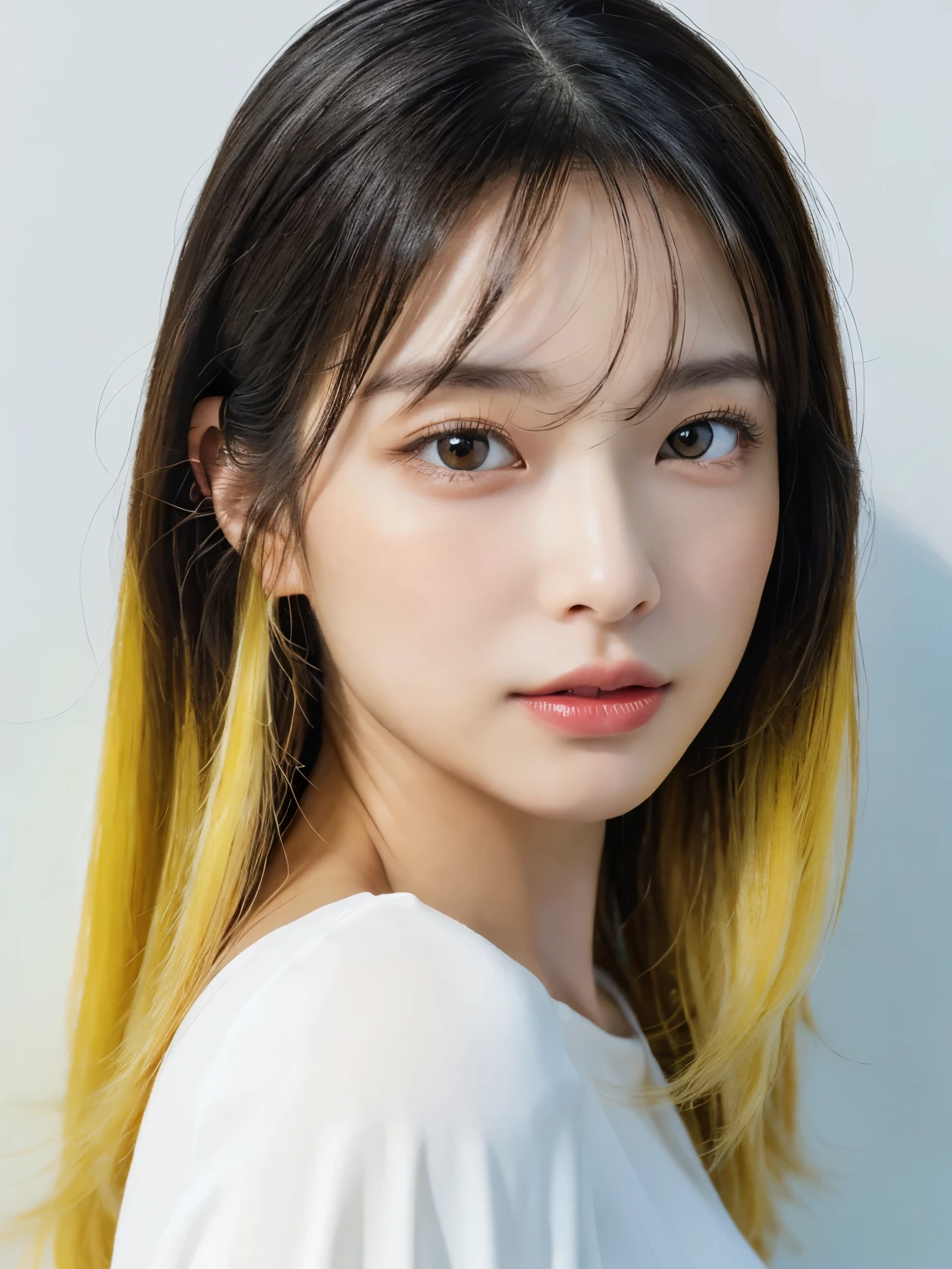 ((black hair))、((White long-sleeved top))、(背景にwhite wall、Partly yellow hair color:1.4)、white wall、Taken in front of the white door、(窓のあるwhite wallの部屋)、((highest quality、8K、masterpiece:1.3))、ultra high resolution、(photorealistic:1.4)、raw photos、Japanese,(details face)、real、Shot in natural light、Highly detailed face and skin texture、highly detailed lips、correct state of the human body、medium hair、various poses、natural color lip、Don't look at the camera、inner color、Face Framing