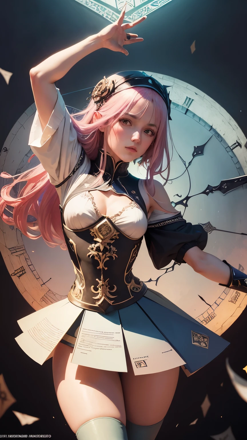 Santiago Martínez Delgado, Hieronymus Bosch, Surreal, mysterious, strange, fantastical, fantasy, Sci-fi, Japanese anime, beautiful girl dancing on a watercolor palette, paper clock, multicolored geometric polyhedral horizon, detailed masterpiece