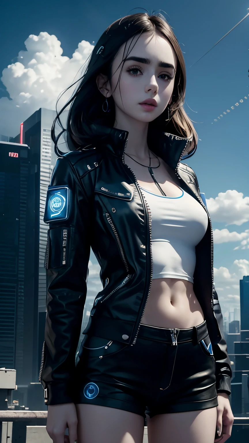 Lily Collins,Tall figure，skin，Upper body shorts，Black shorts，buttons，zipper，Complex workmanship，icon，company logo，Emit blue light，background with，future technology，cyberpunk city，，big gear，wind，Blue sky and white clouds，